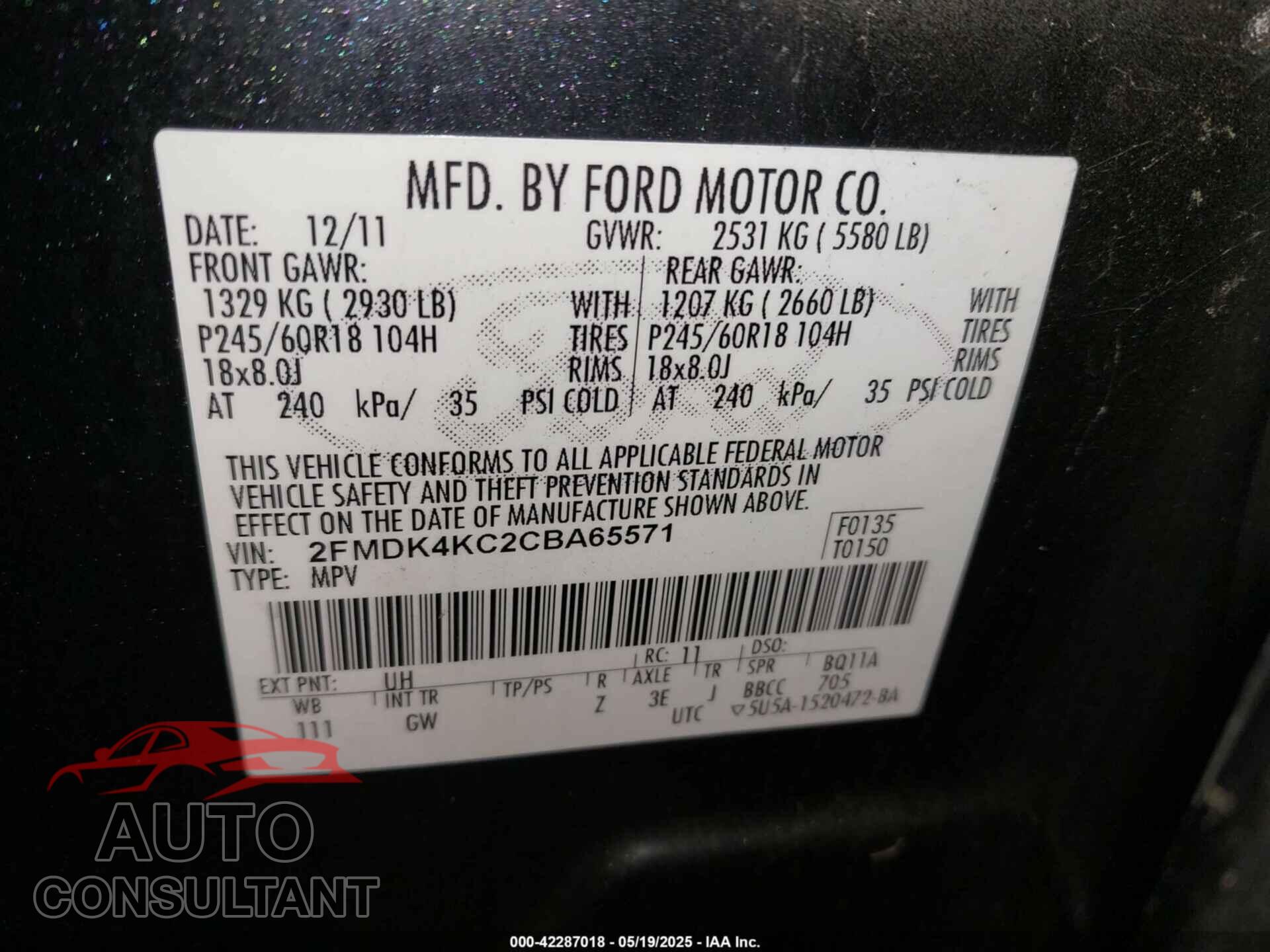 FORD EDGE 2012 - 2FMDK4KC2CBA65571