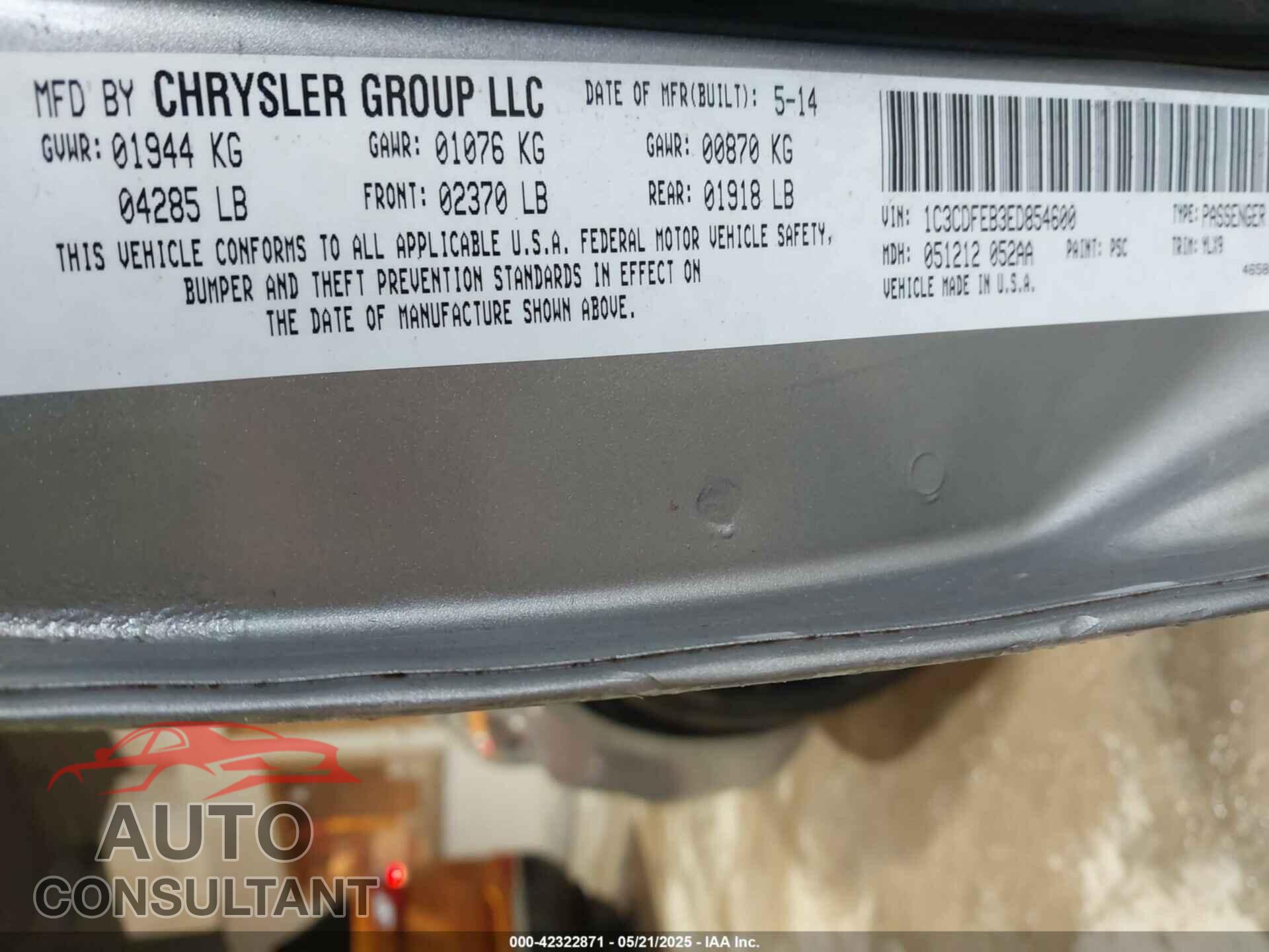 DODGE DART 2014 - 1C3CDFEB3ED854600