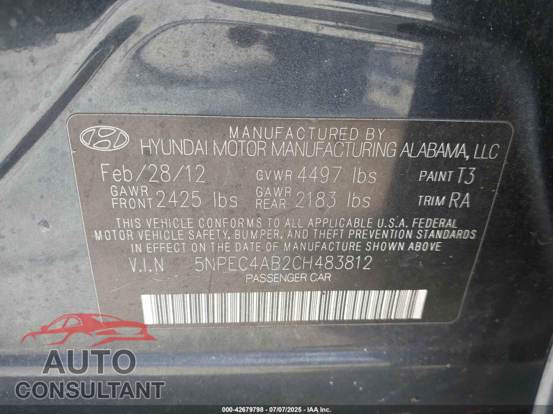 HYUNDAI SONATA 2012 - 5NPEC4AB2CH483812