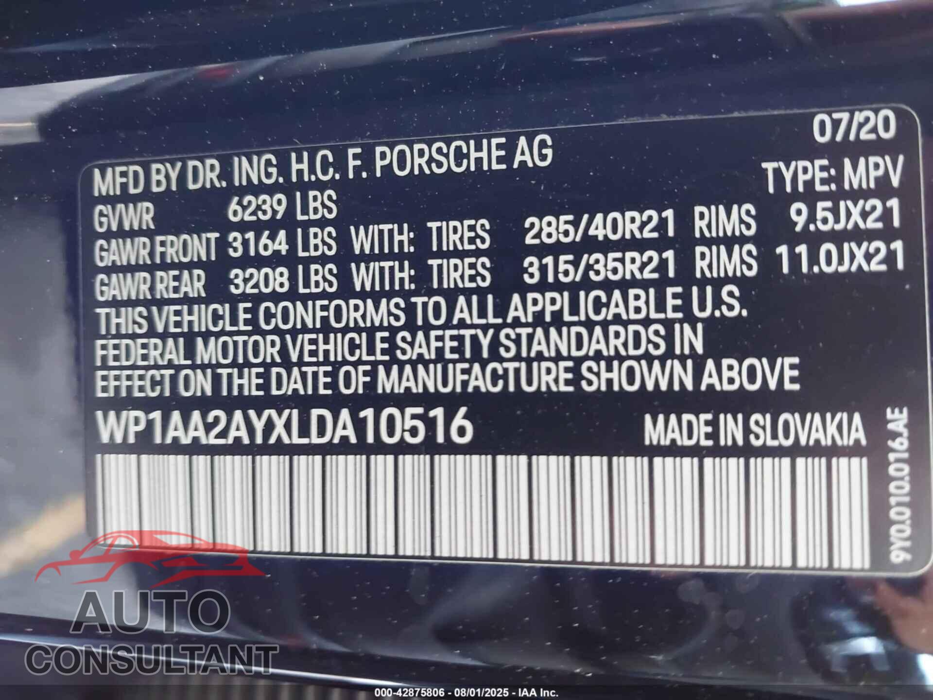 PORSCHE CAYENNE 2020 - WP1AA2AYXLDA10516
