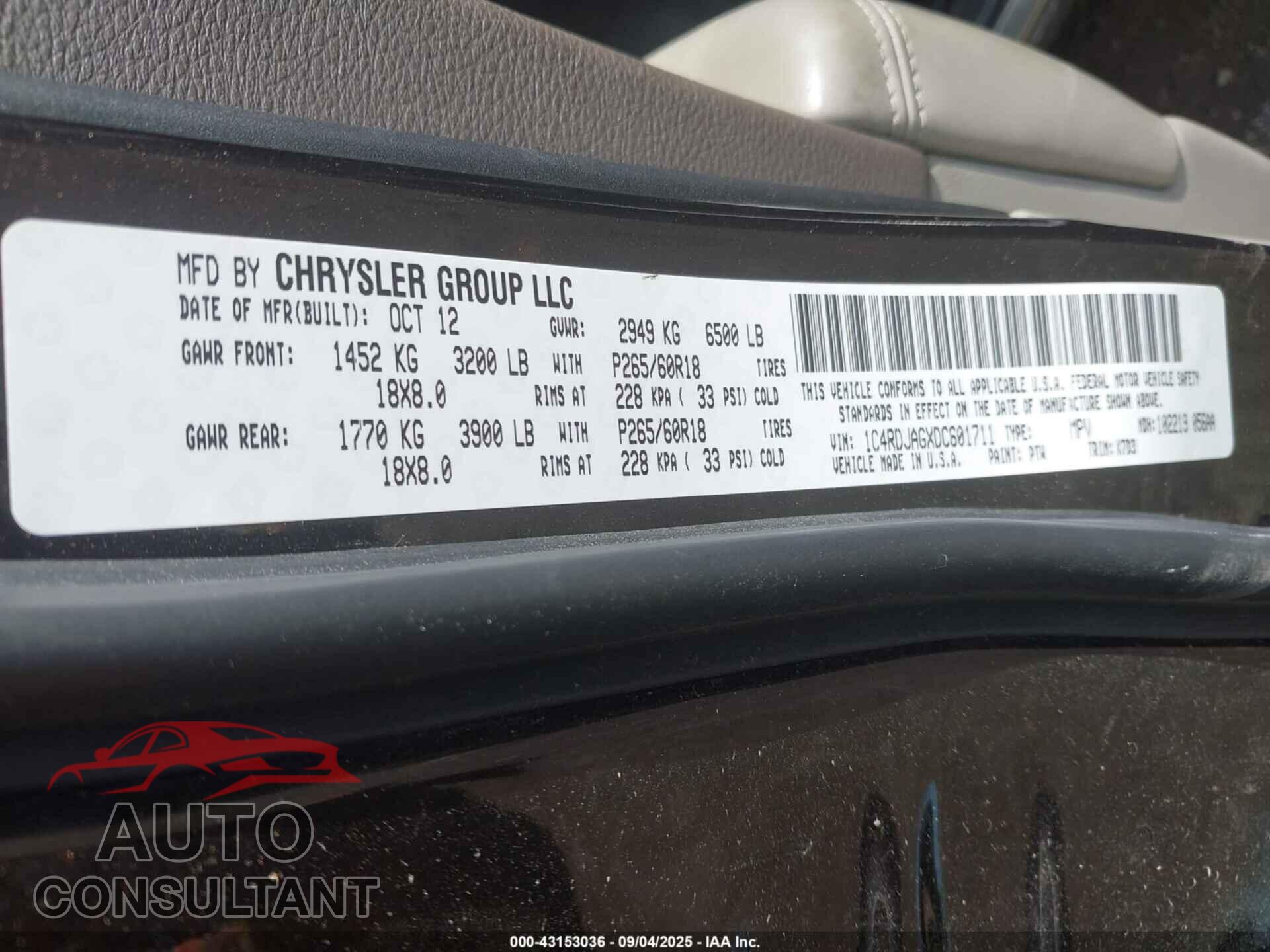 DODGE DURANGO 2013 - 1C4RDJAGXDC601711