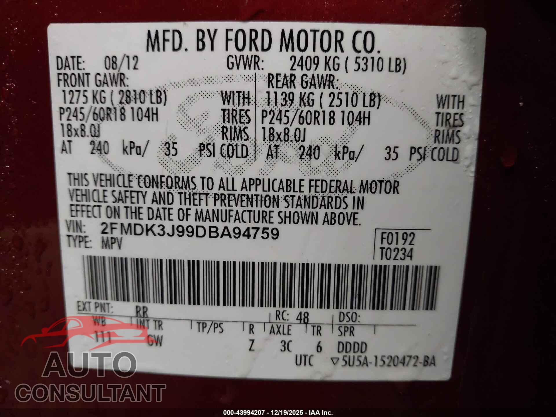 FORD EDGE 2013 - 2FMDK3J99DBA94759