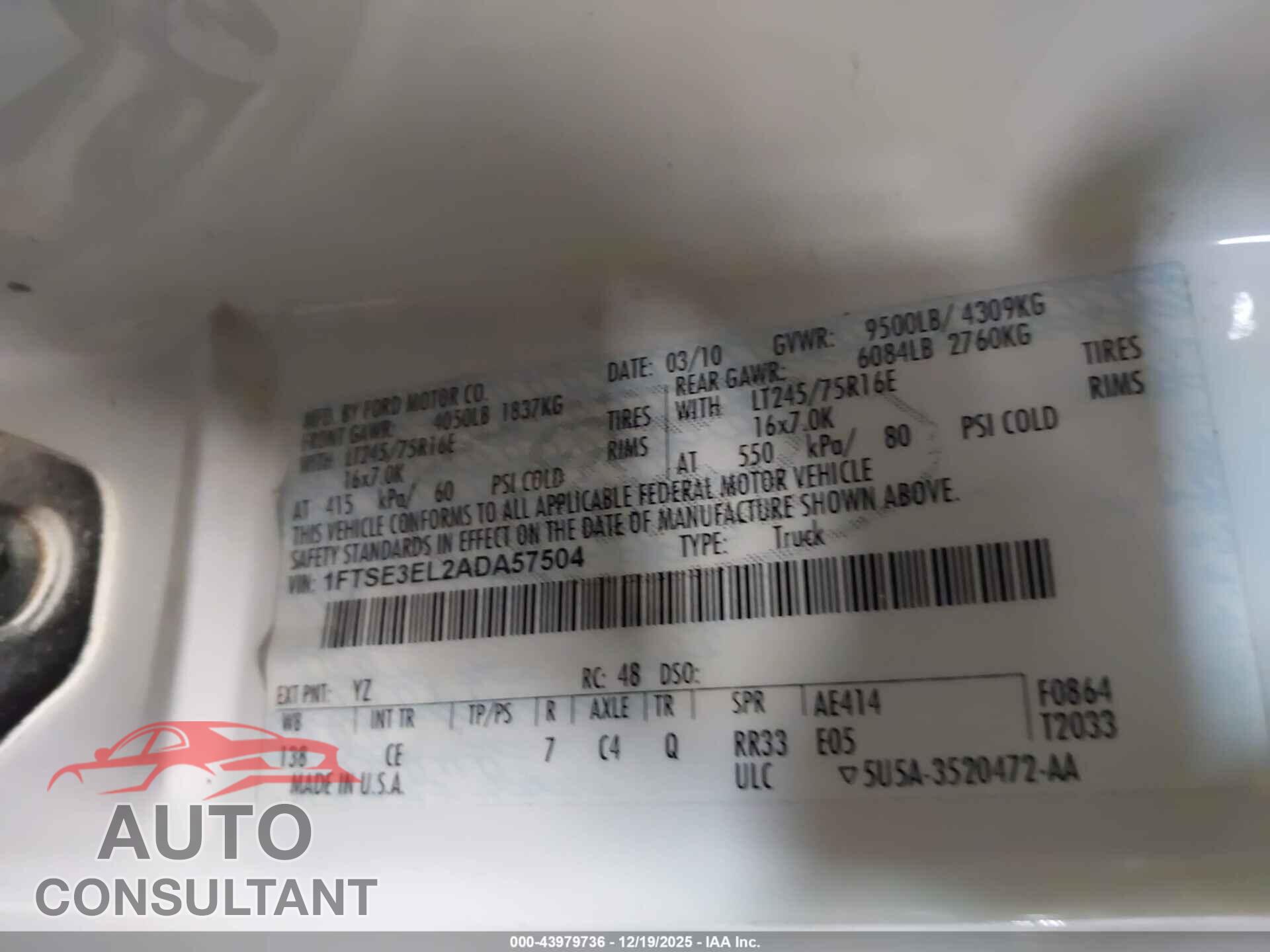 FORD E-350 SUPER DUTY 2010 - 1FTSE3EL2ADA57504