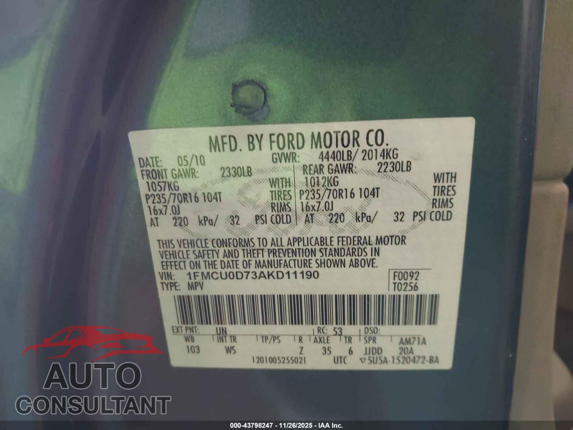 FORD ESCAPE 2010 - 1FMCU0D73AKD11190