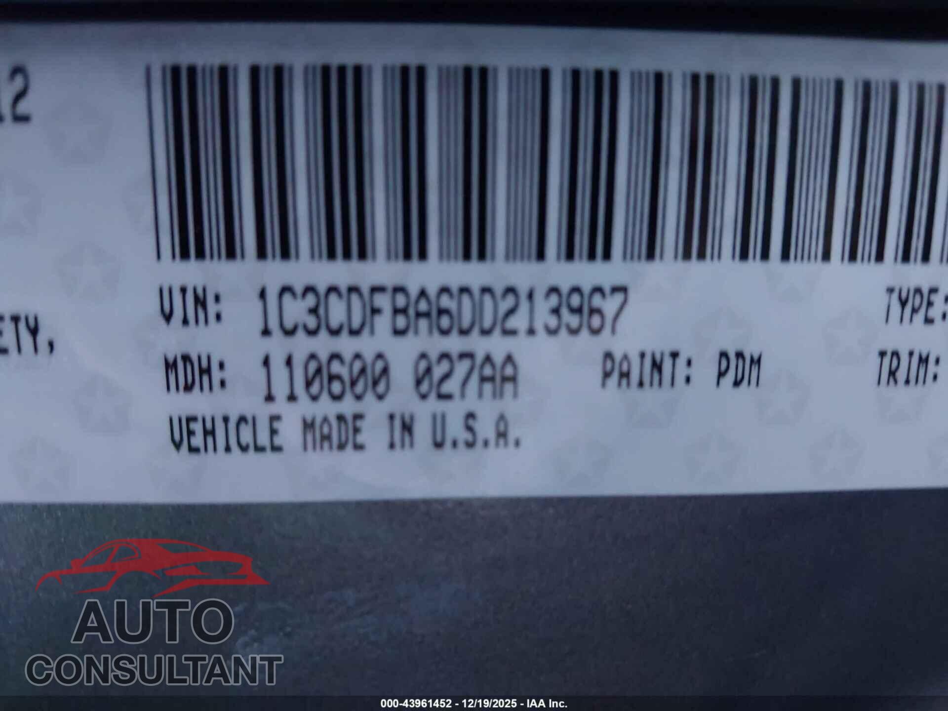 DODGE DART 2013 - 1C3CDFBA6DD213967