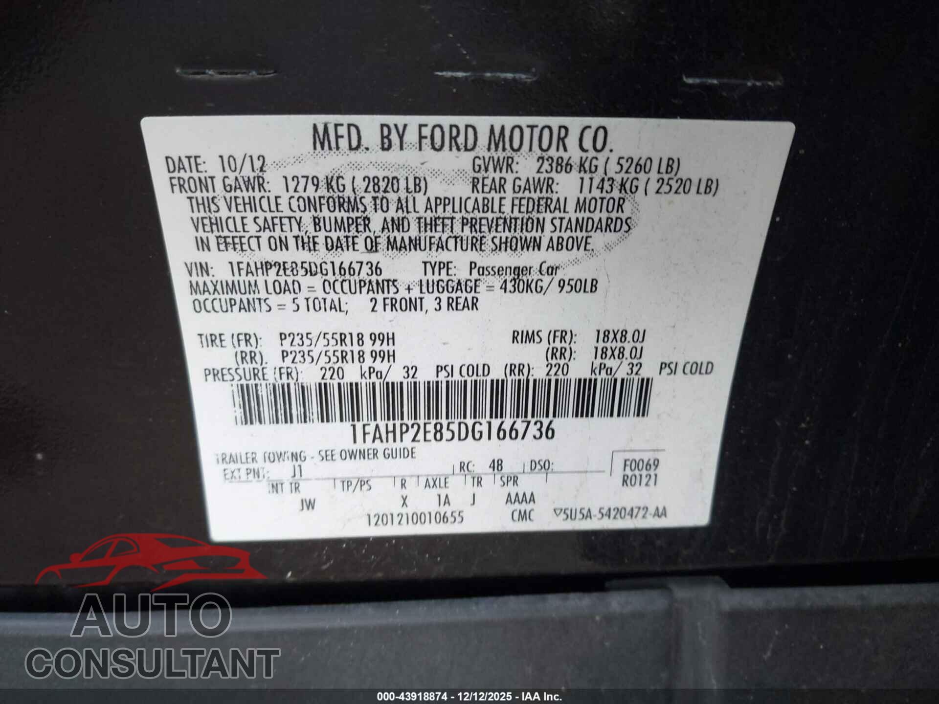 FORD TAURUS 2013 - 1FAHP2E85DG166736