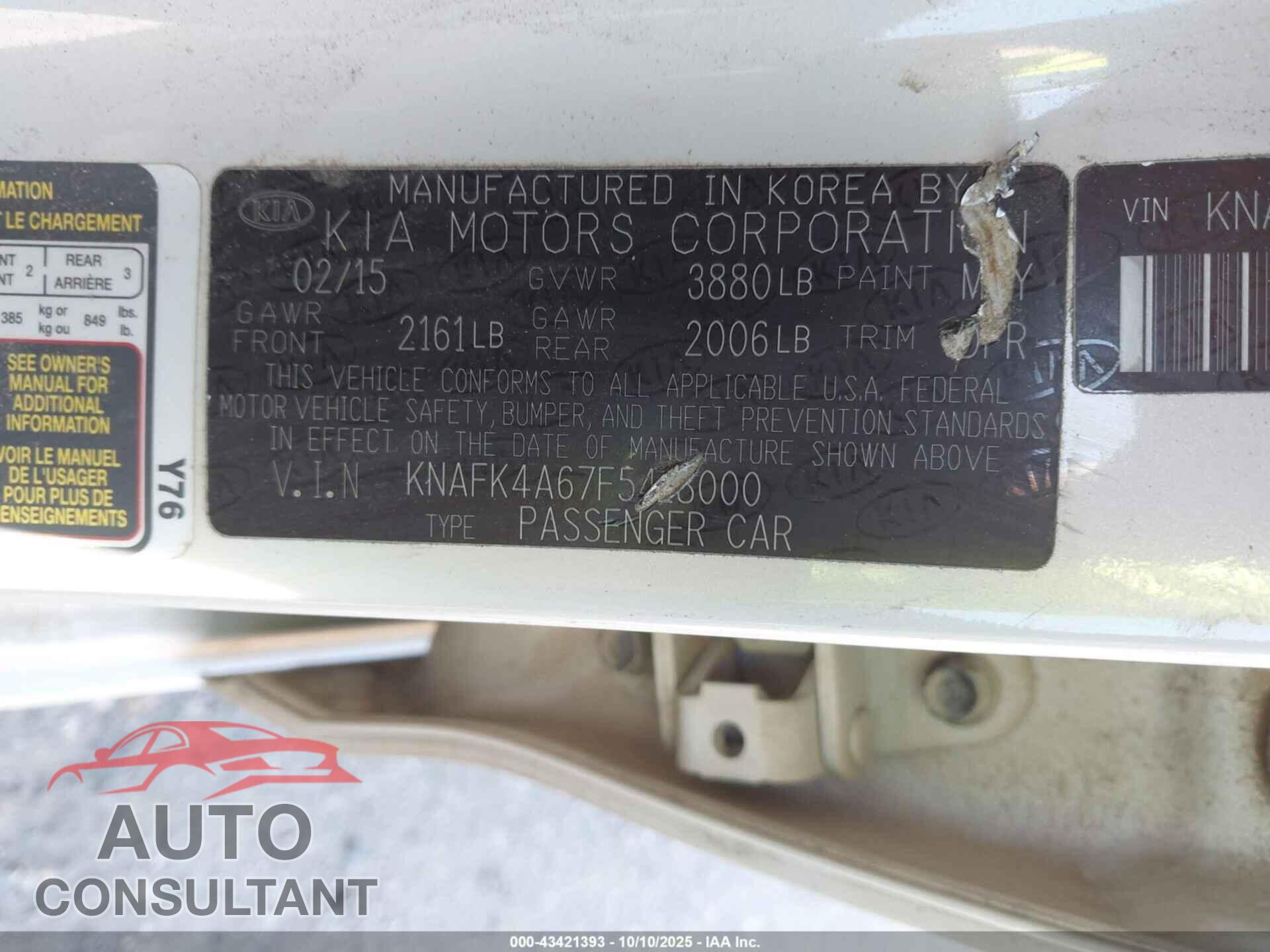 KIA FORTE 2015 - KNAFK4A67F5418000