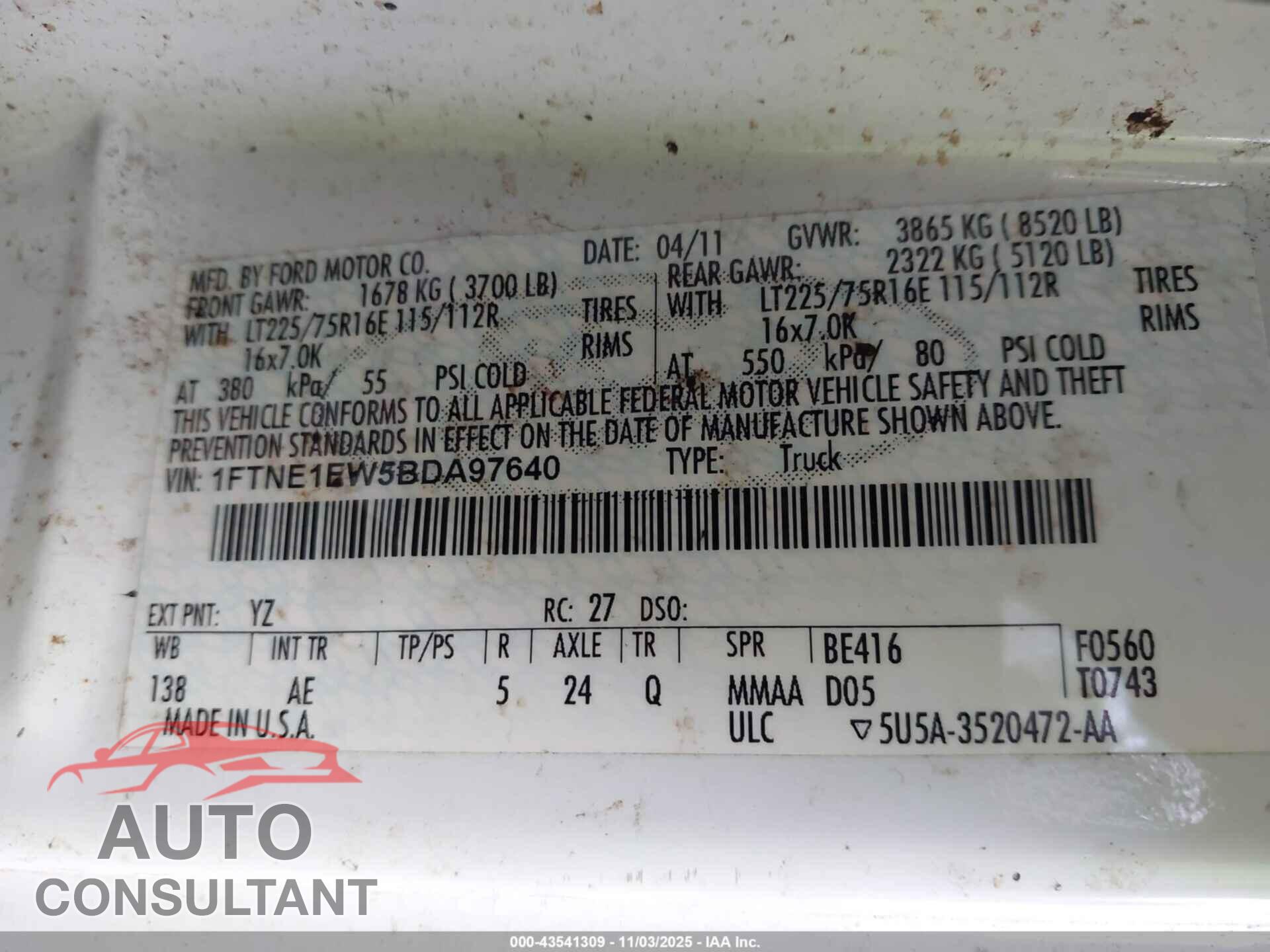 FORD E-150 2011 - 1FTNE1EW5BDA97640