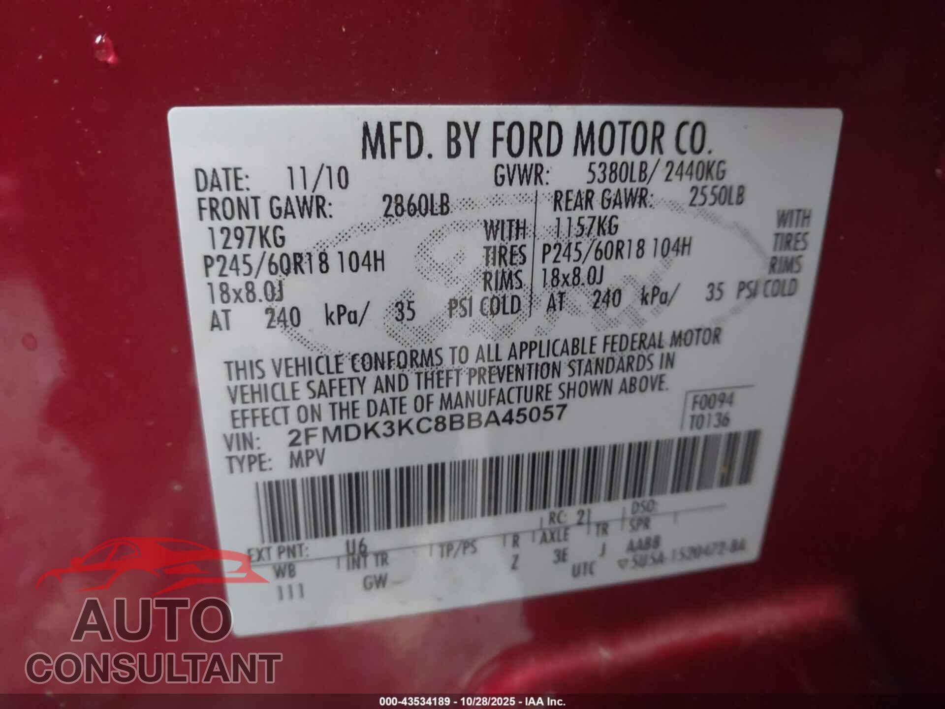 FORD EDGE 2011 - 2FMDK3KC8BBA45057