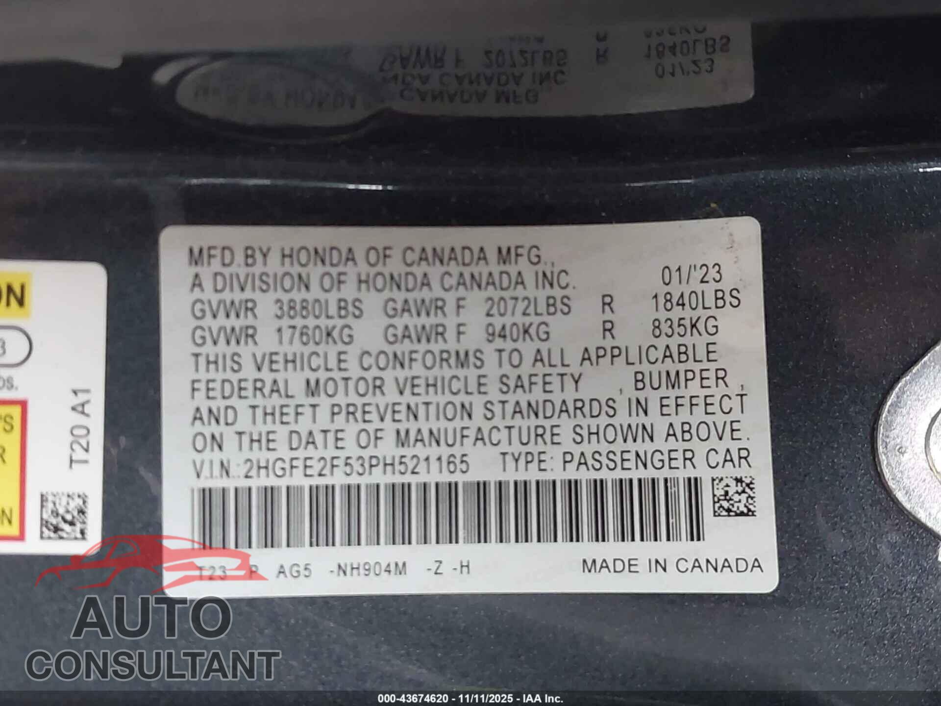 HONDA CIVIC 2023 - 2HGFE2F53PH521165