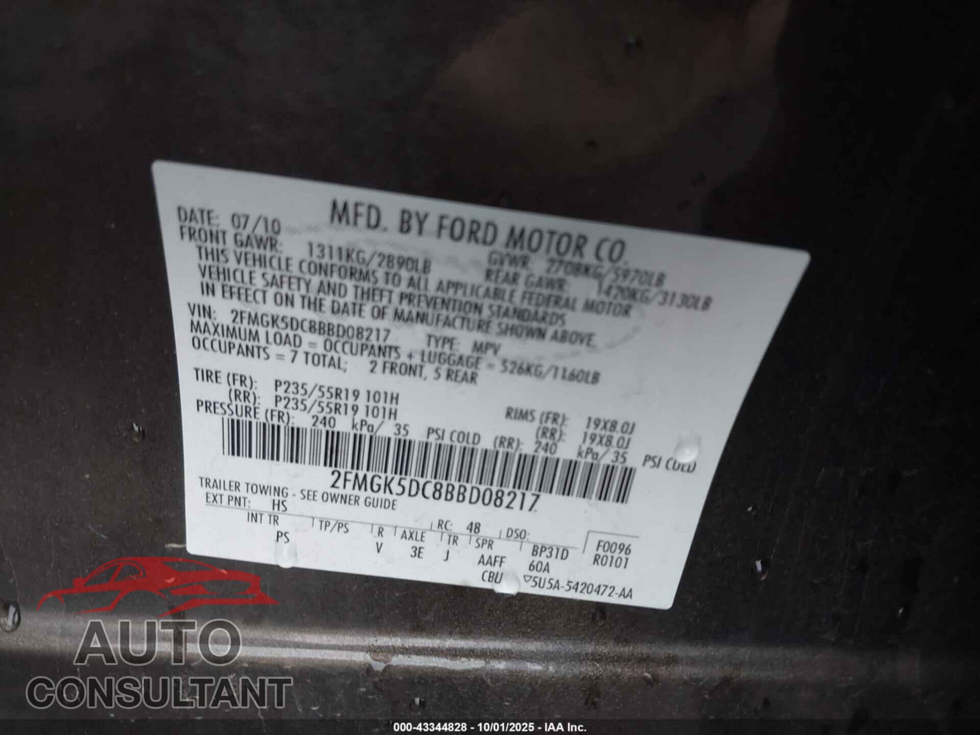 FORD FLEX 2011 - 2FMGK5DC8BBD08217
