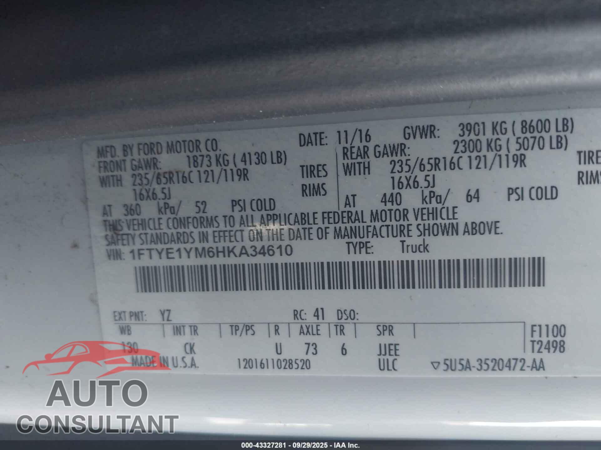 FORD TRANSIT-150 2017 - 1FTYE1YM6HKA34610