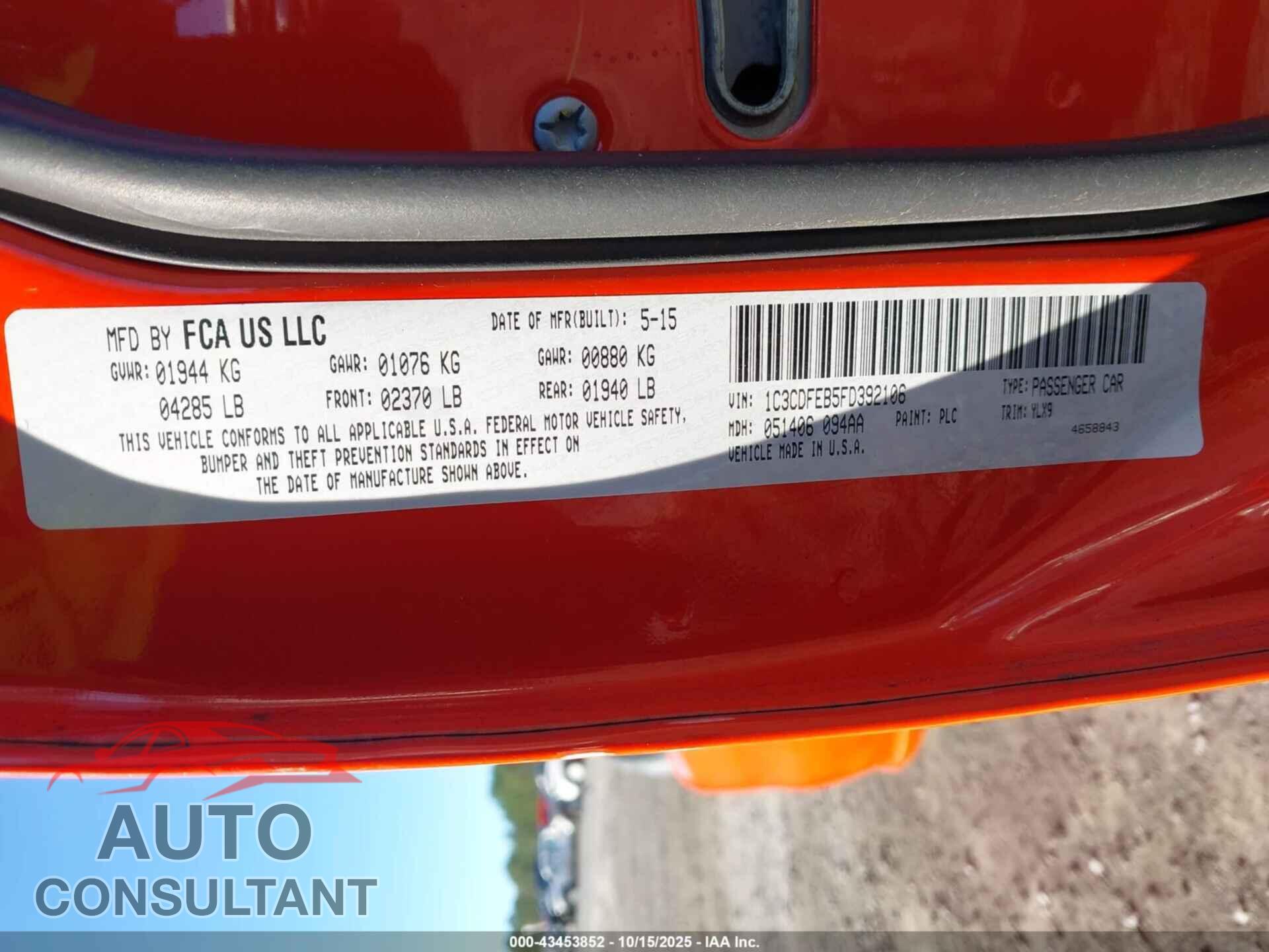 DODGE DART 2015 - 1C3CDFEB5FD392106