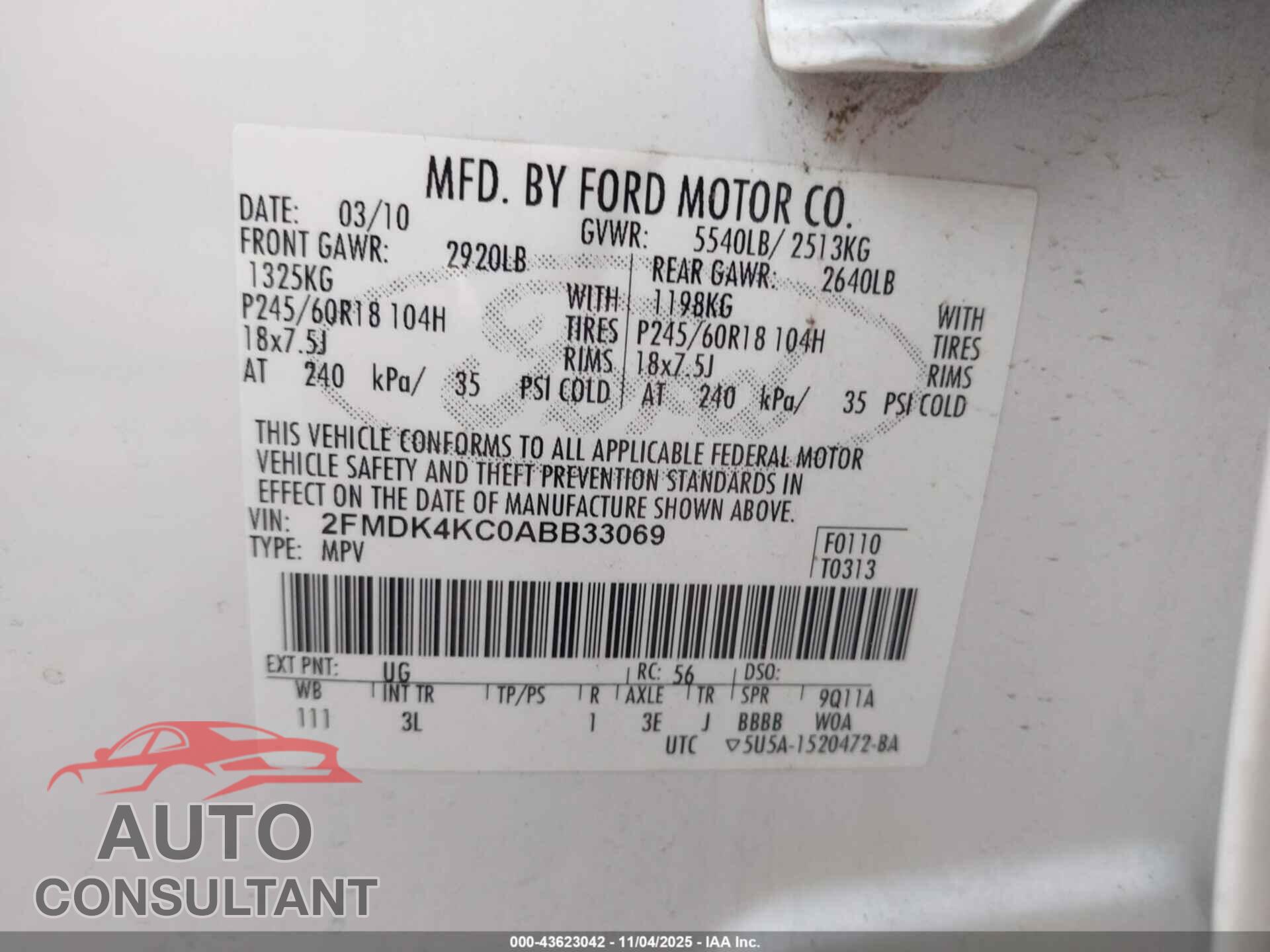 FORD EDGE 2010 - 2FMDK4KC0ABB33069