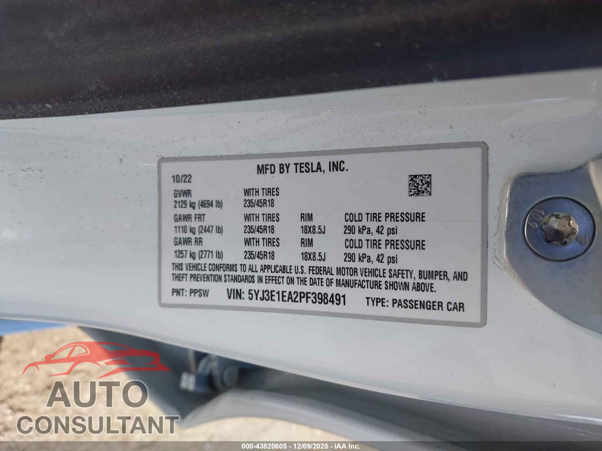 TESLA MODEL 3 2023 - 5YJ3E1EA2PF398491