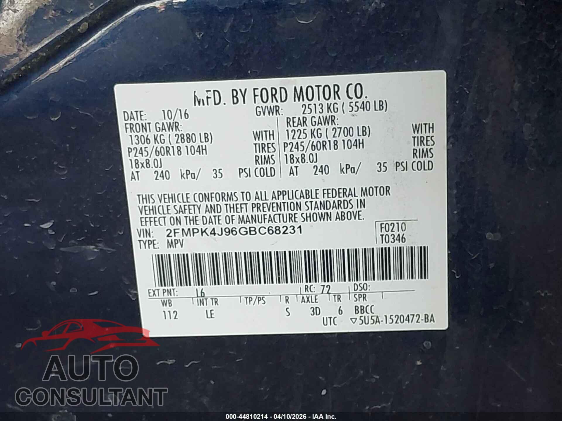 FORD EDGE 2016 - 2FMPK4J96GBC68231