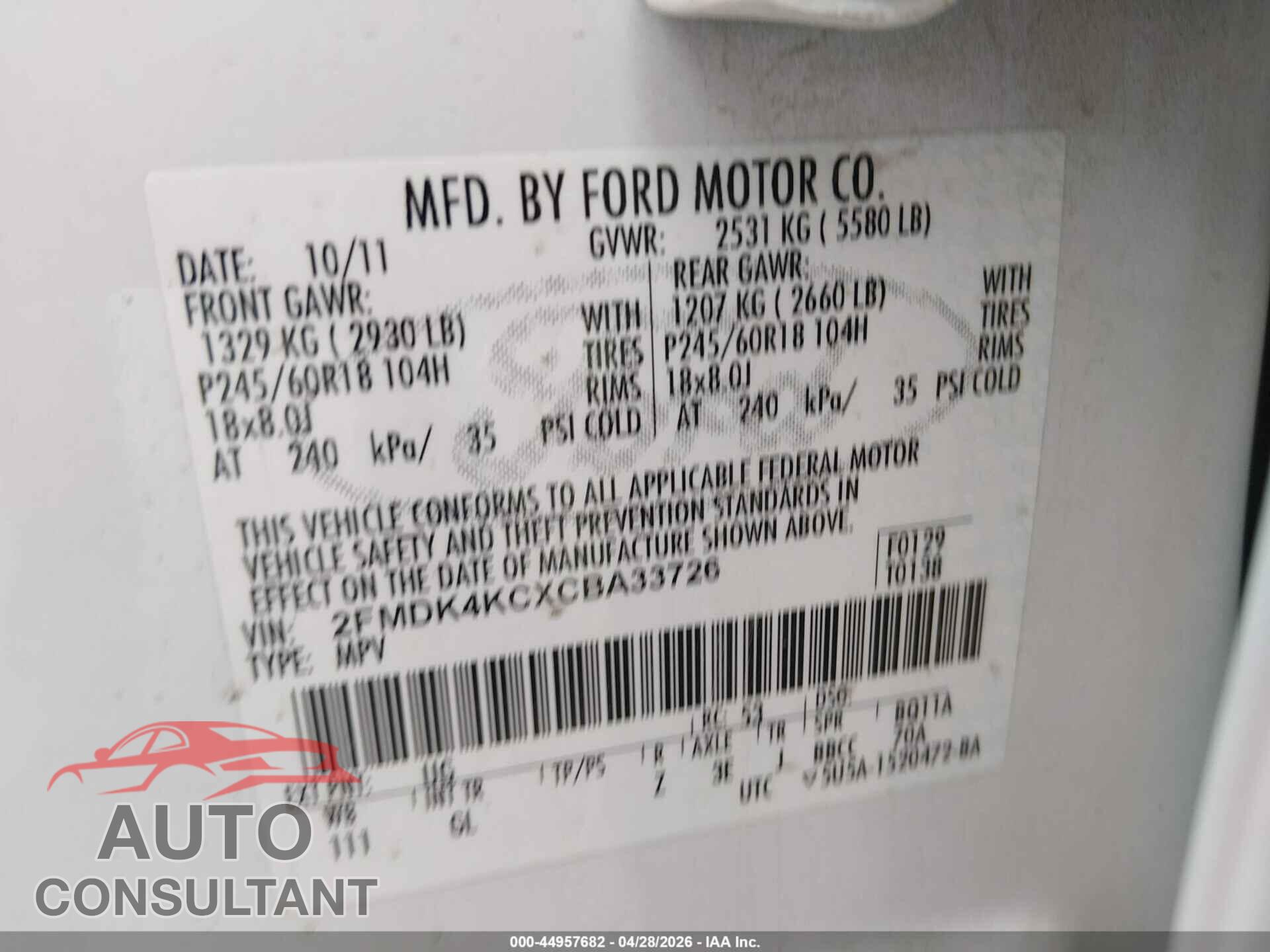 FORD EDGE 2012 - 2FMDK4KCXCBA33726
