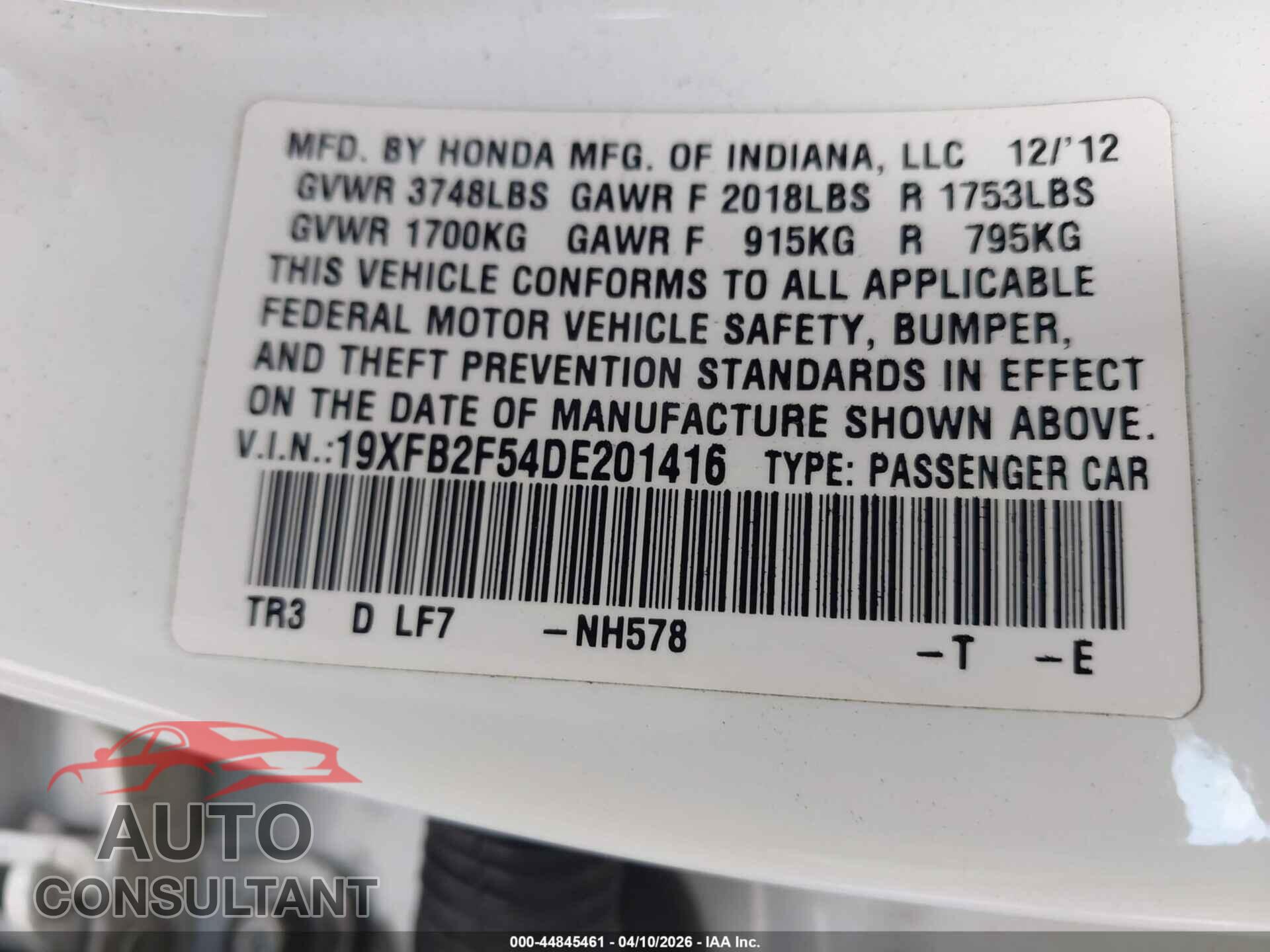 HONDA CIVIC 2013 - 19XFB2F54DE201416