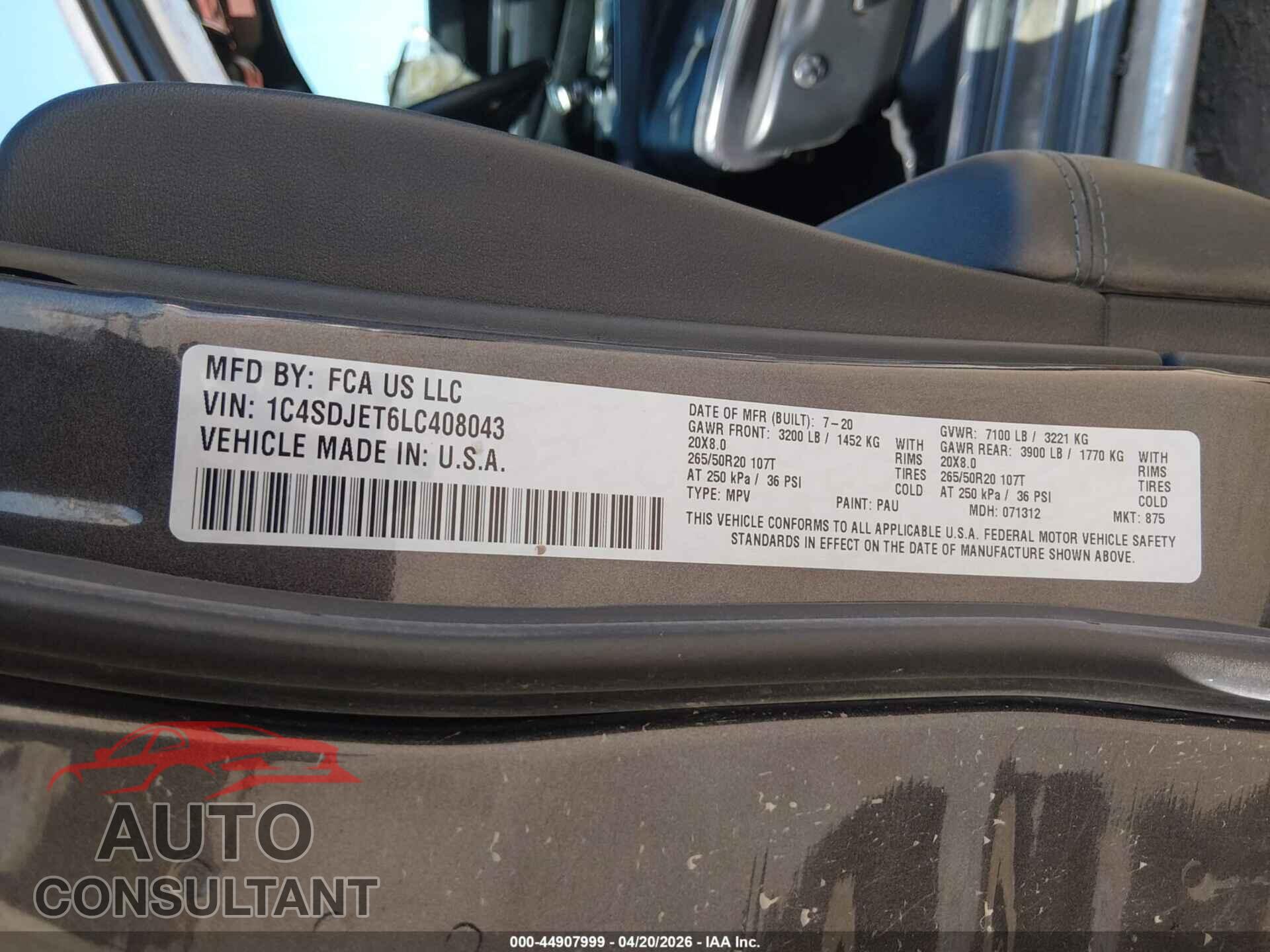 DODGE DURANGO 2020 - 1C4SDJET6LC408043