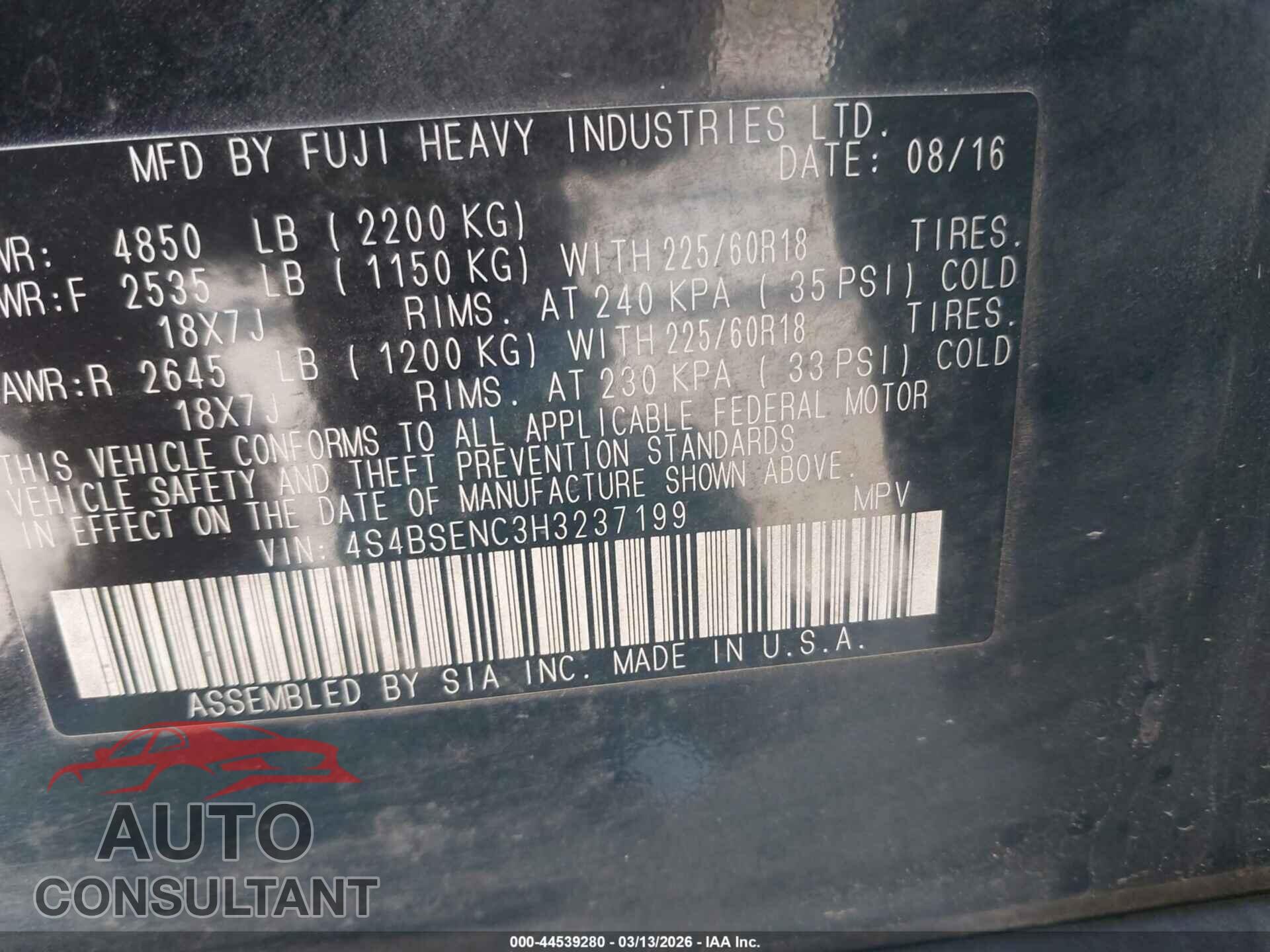 SUBARU OUTBACK 2017 - 4S4BSENC3H3237199