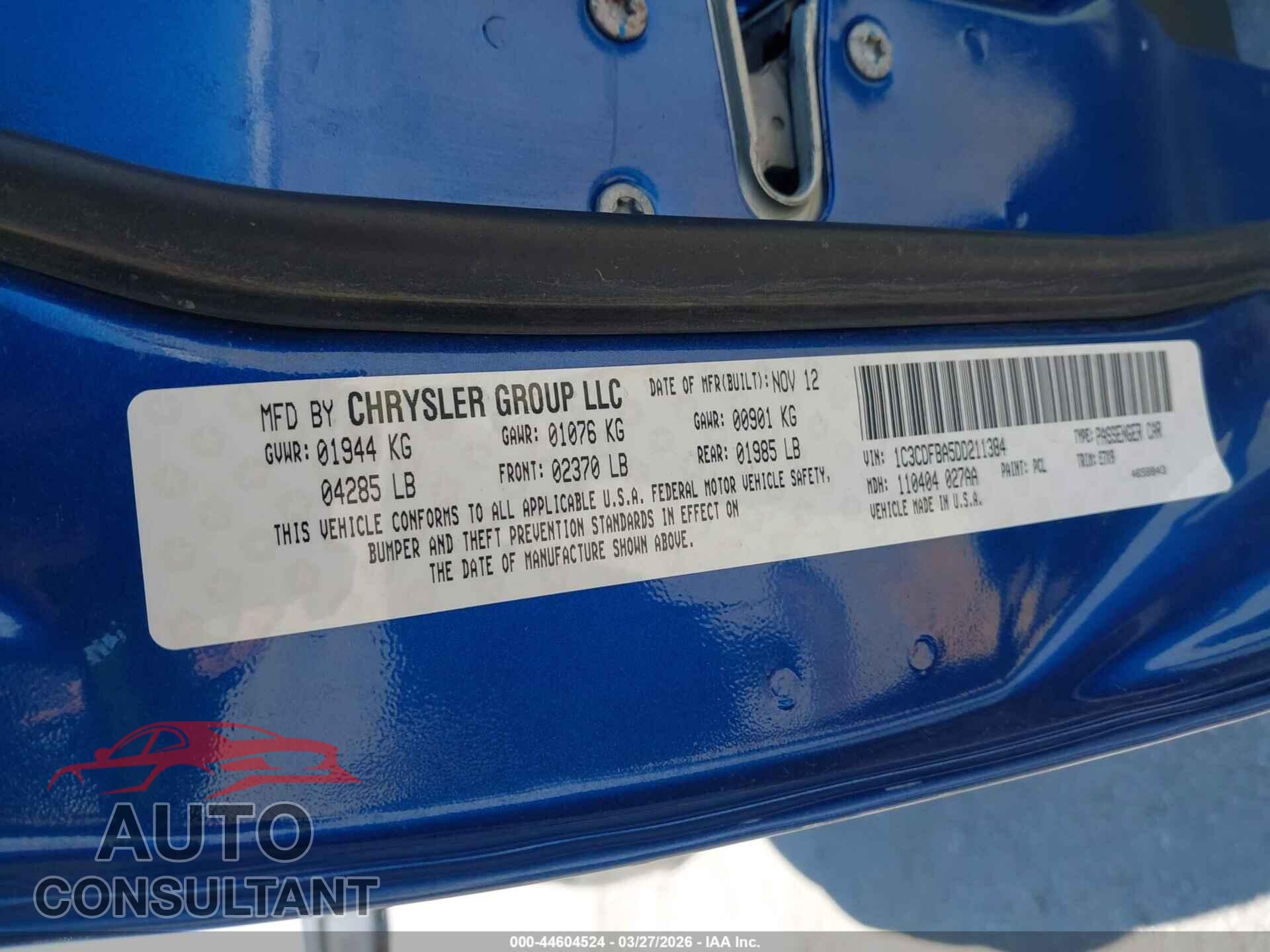 DODGE DART 2013 - 1C3CDFBA5DD211384