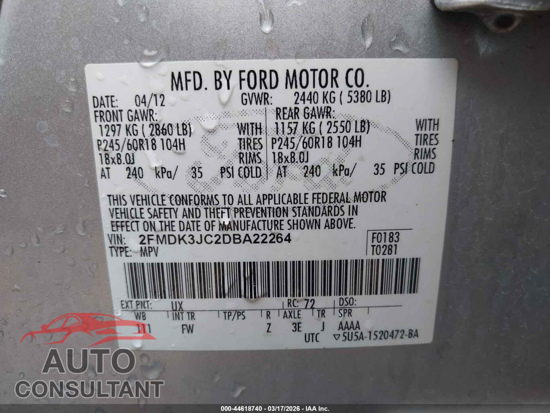 FORD EDGE 2013 - 2FMDK3JC2DBA22264