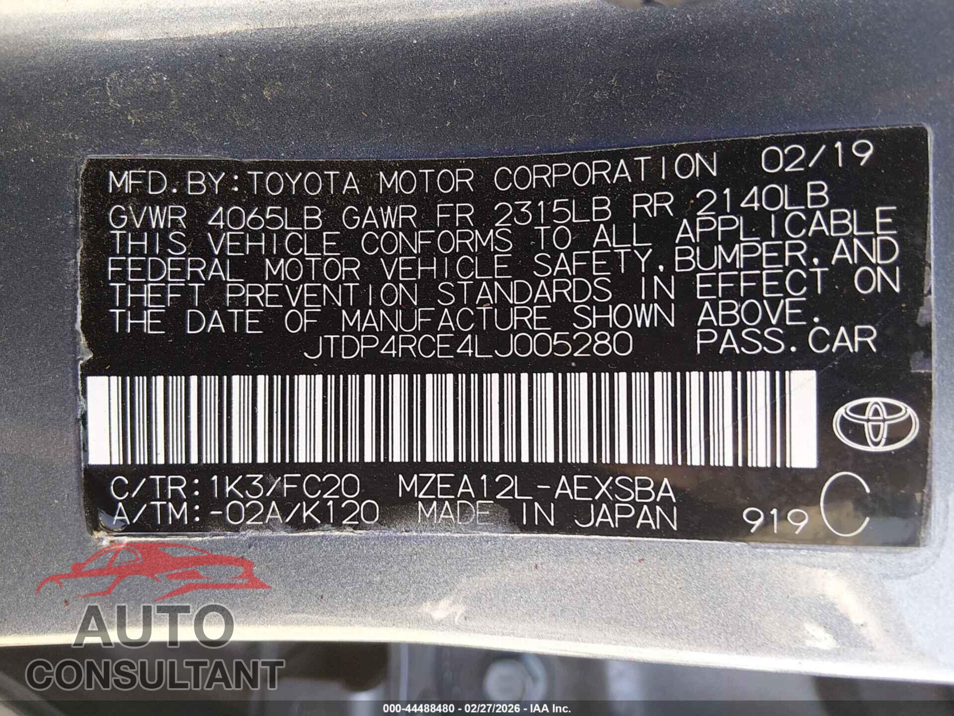 TOYOTA COROLLA 2020 - JTDP4RCE4LJ005280