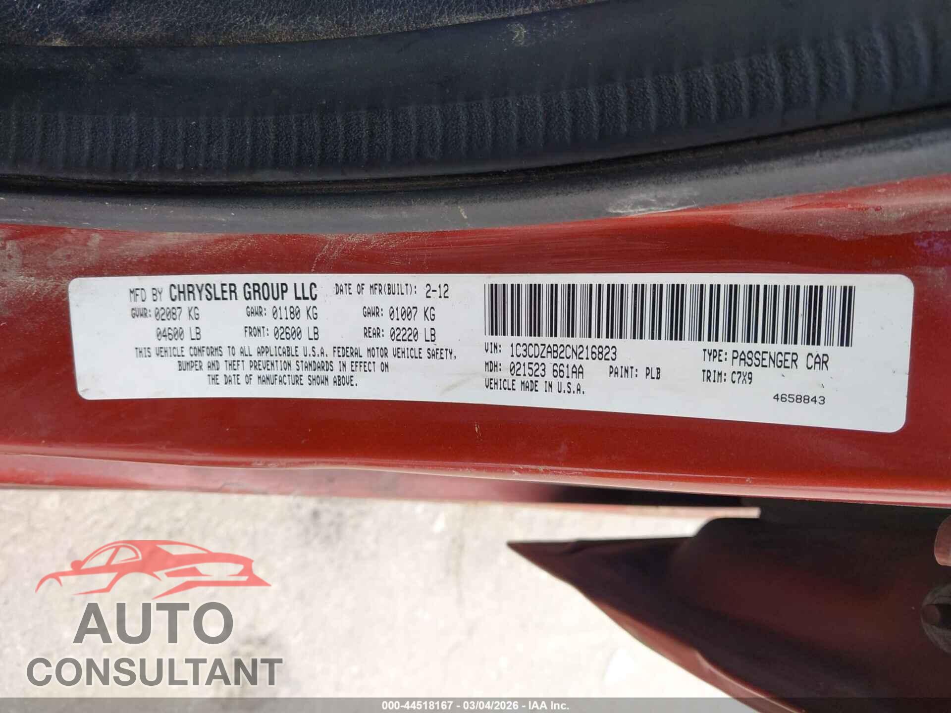 DODGE AVENGER 2012 - 1C3CDZAB2CN216823