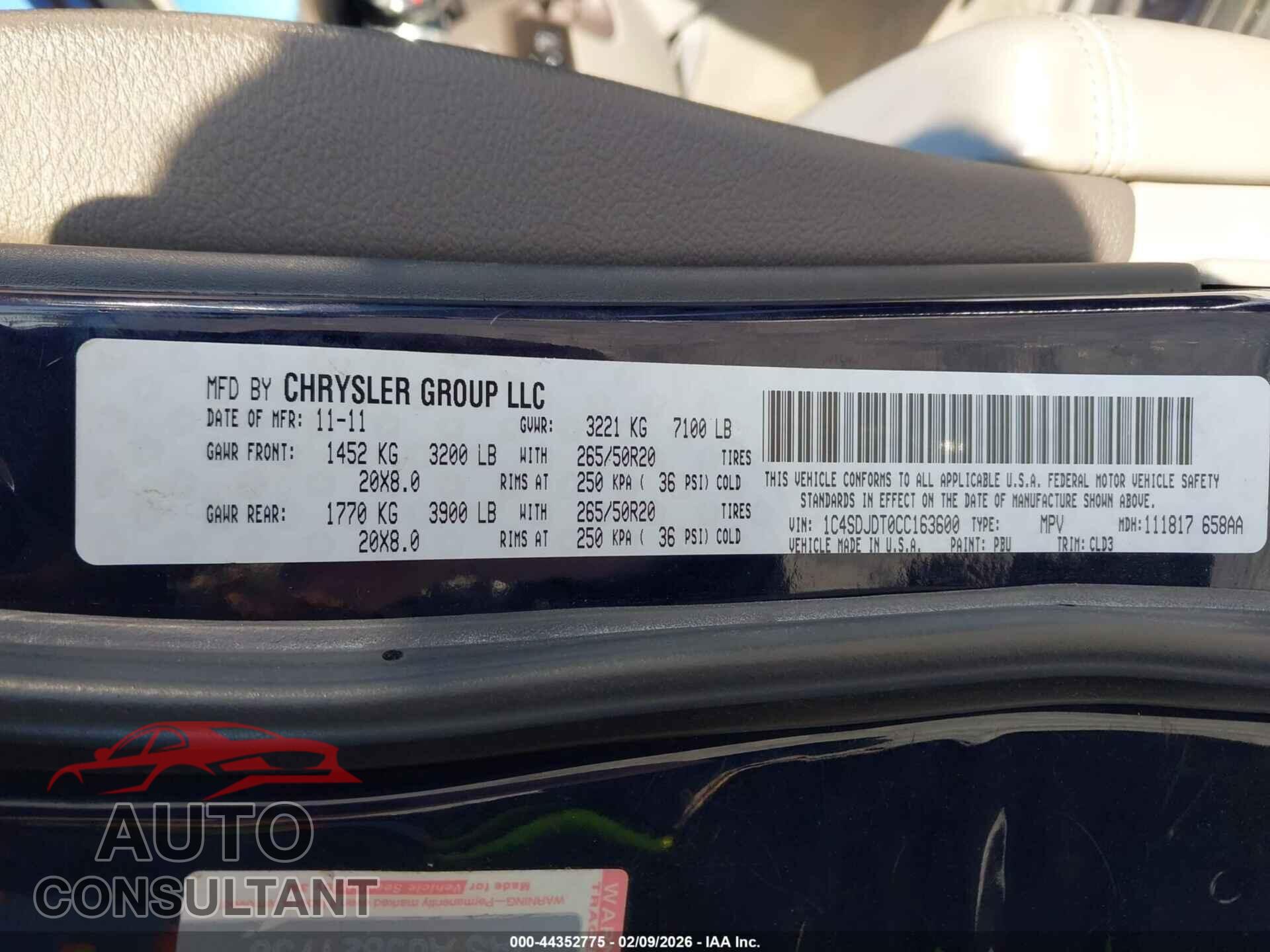 DODGE DURANGO 2012 - 1C4SDJDT0CC163600