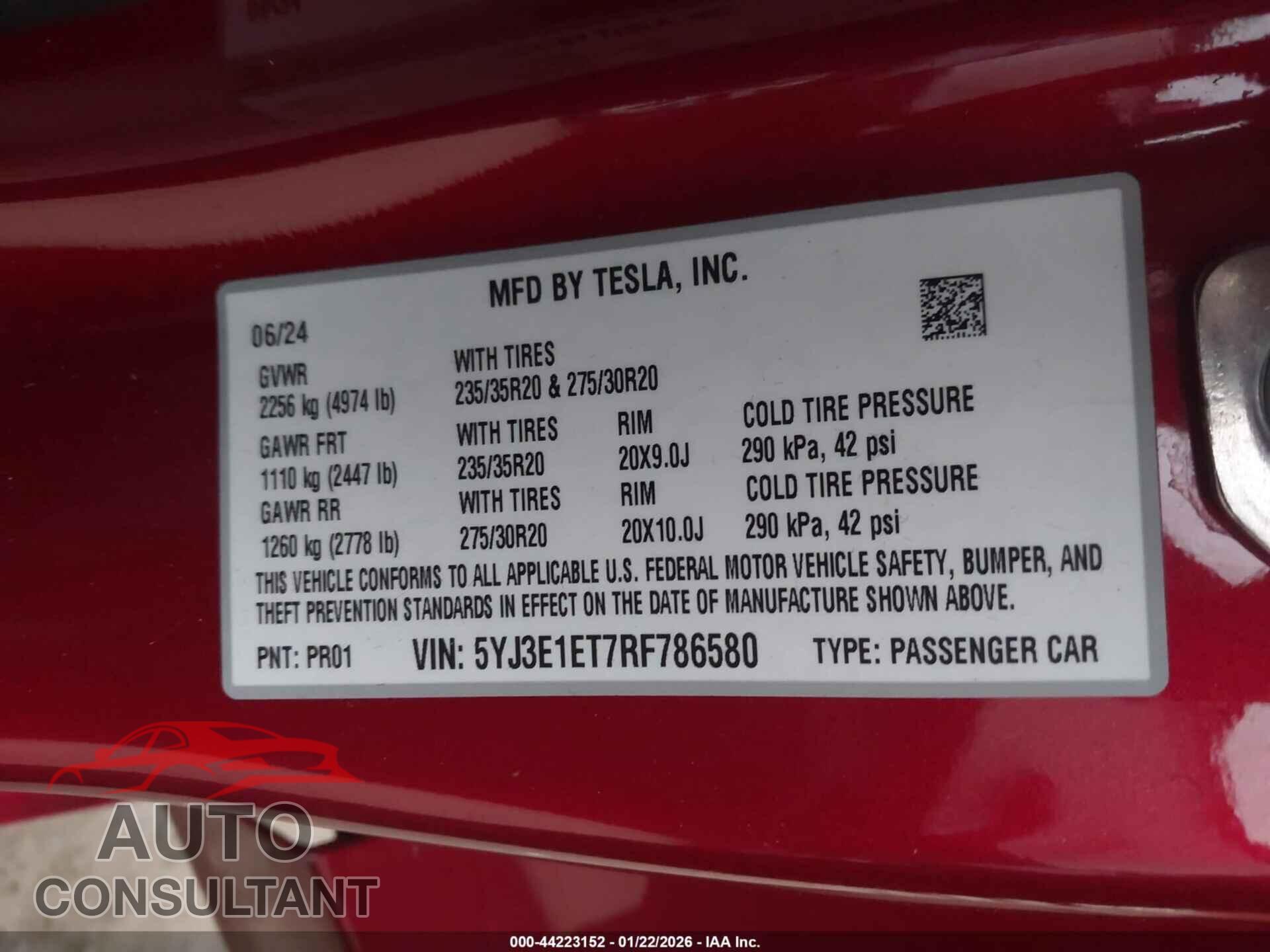 TESLA MODEL 3 2024 - 5YJ3E1ET7RF786580