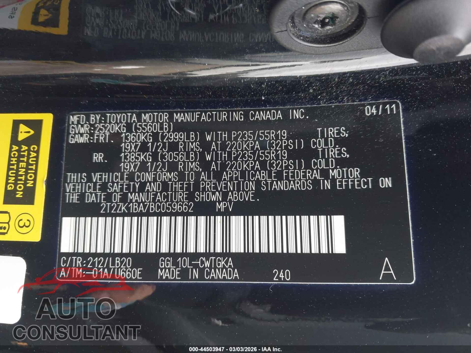 LEXUS RX 350 2011 - 2T2ZK1BA7BC059662