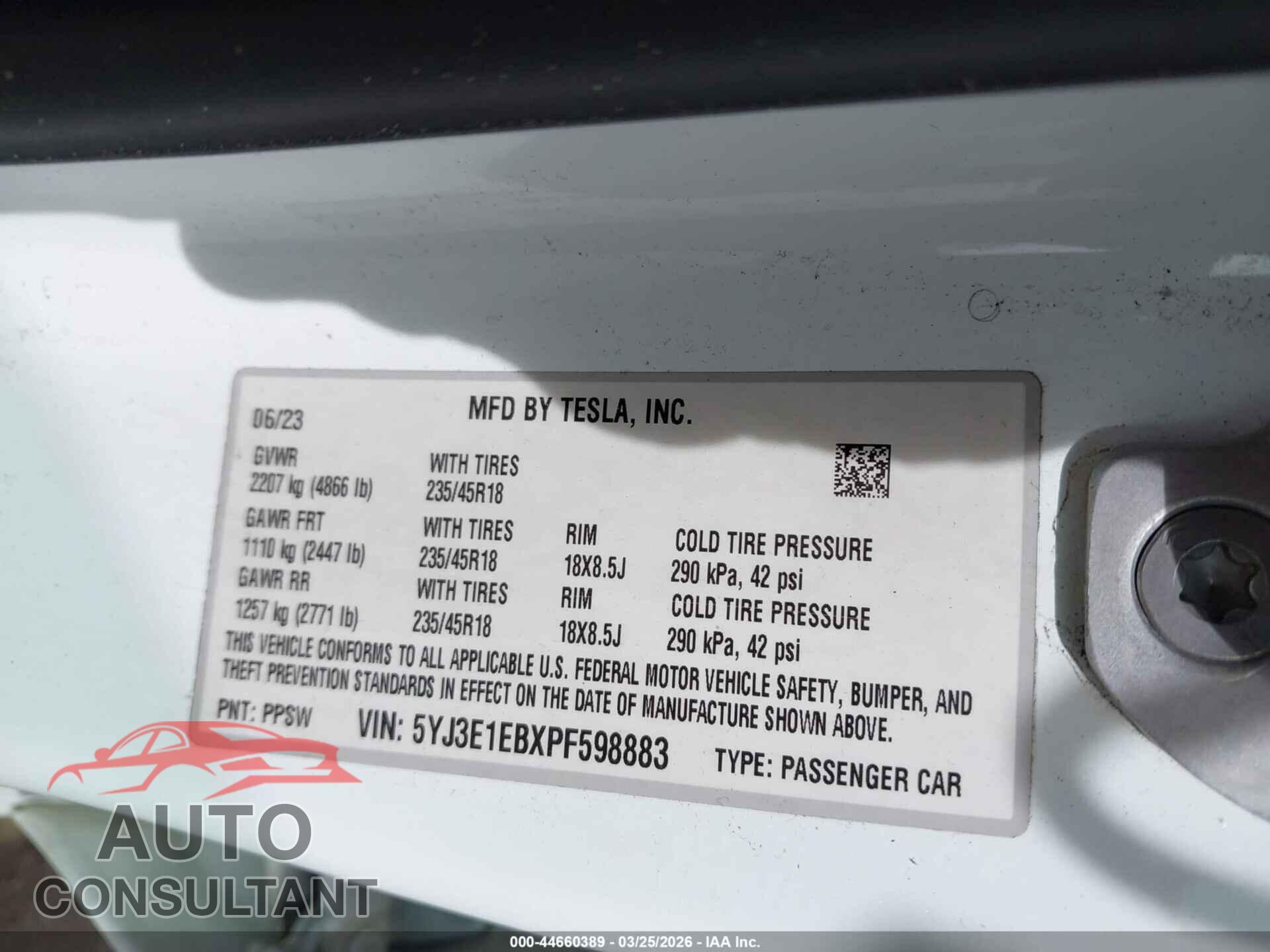 TESLA MODEL 3 2023 - 5YJ3E1EBXPF598883