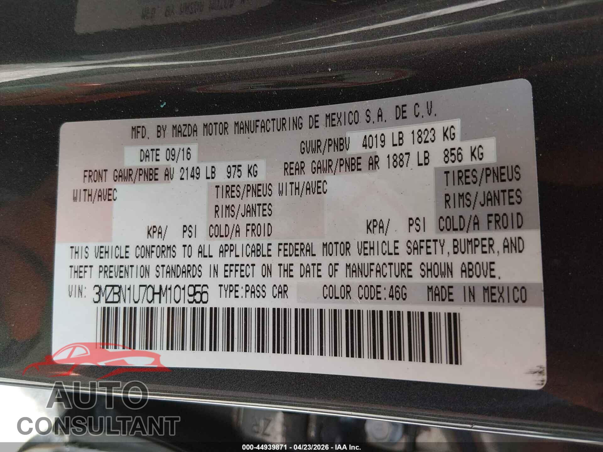 MAZDA MAZDA3 2017 - 3MZBN1U70HM101956