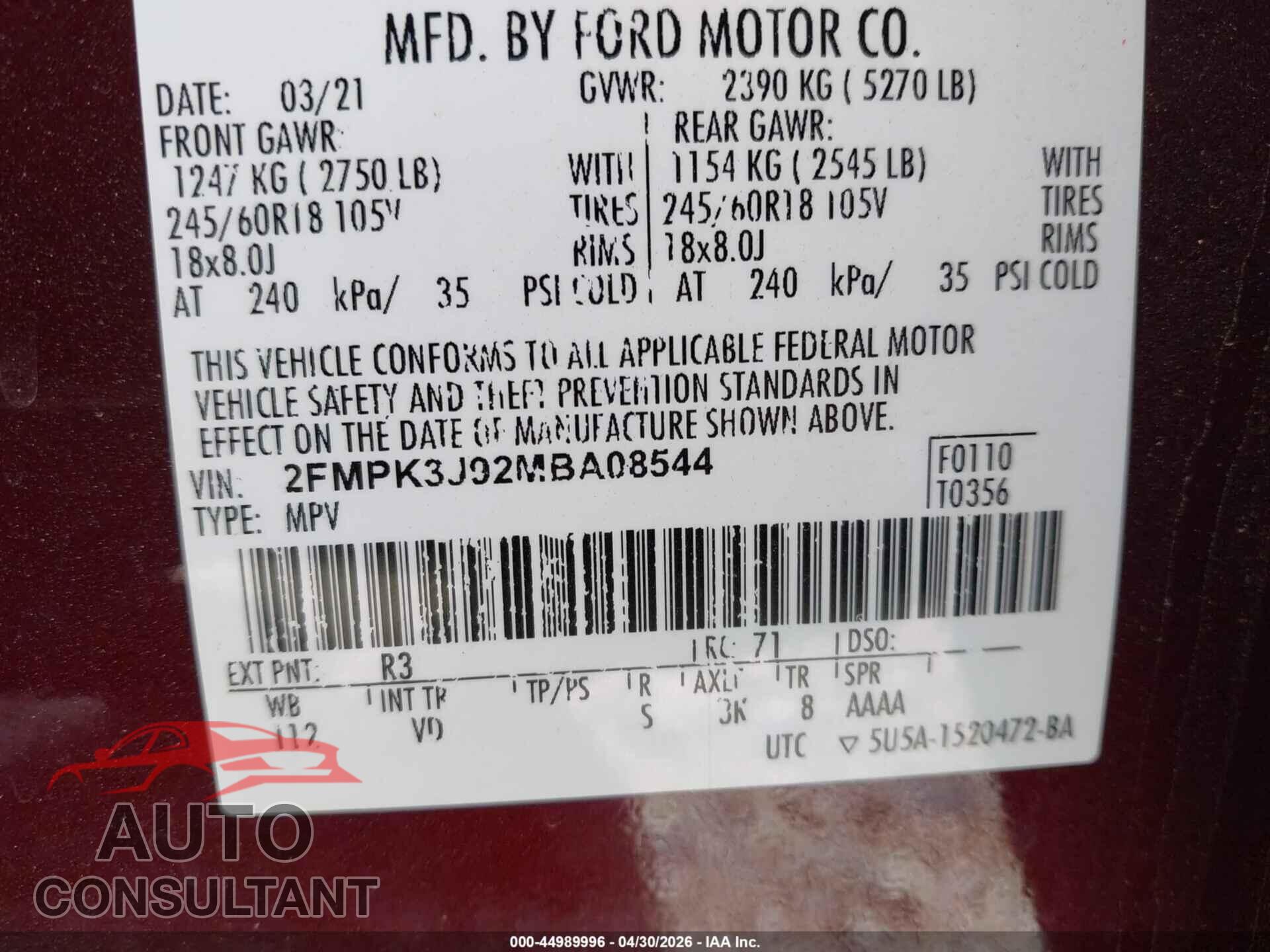 FORD EDGE 2021 - 2FMPK3J92MBA08544