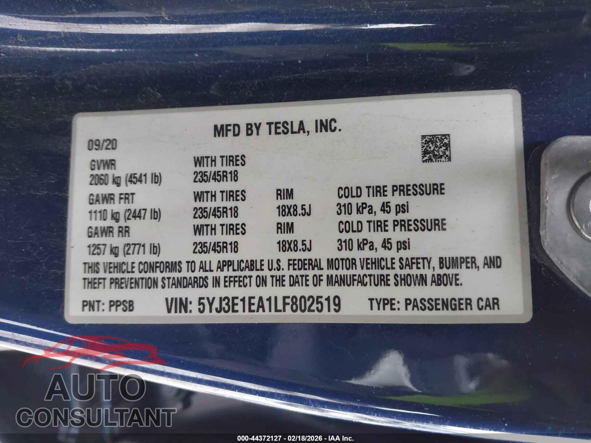 TESLA MODEL 3 2020 - 5YJ3E1EA1LF802519