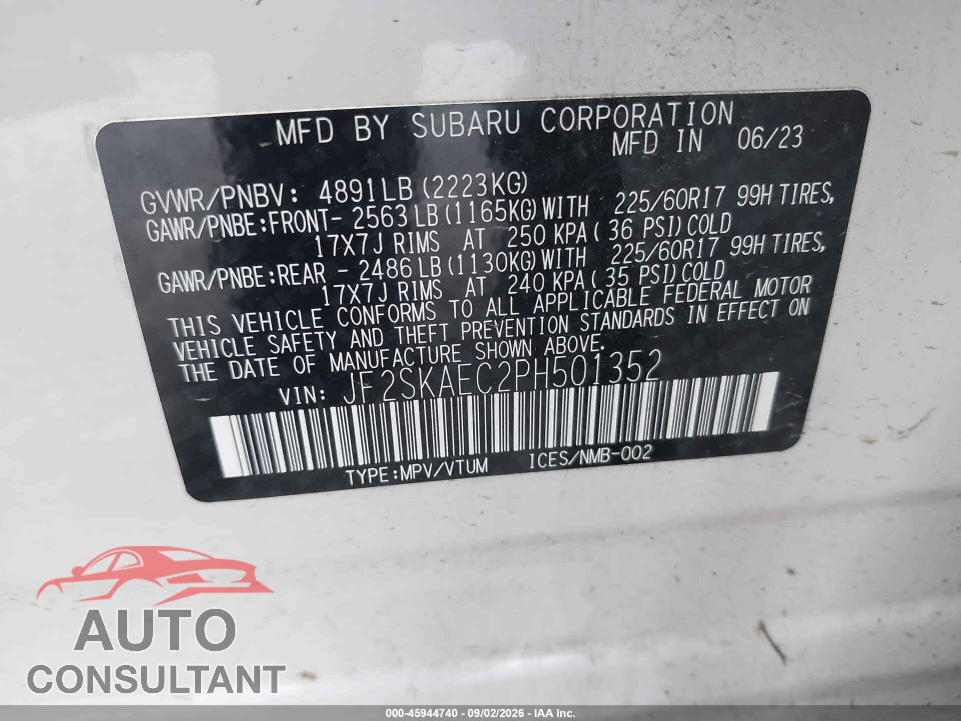 SUBARU FORESTER 2023 - JF2SKAEC2PH501352