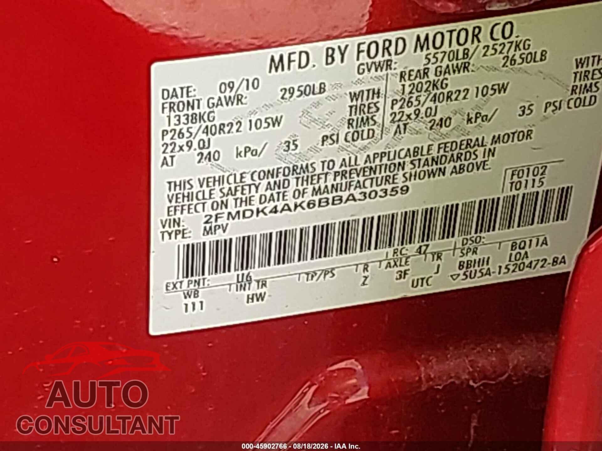 FORD EDGE 2011 - 2FMDK4AK6BBA30359