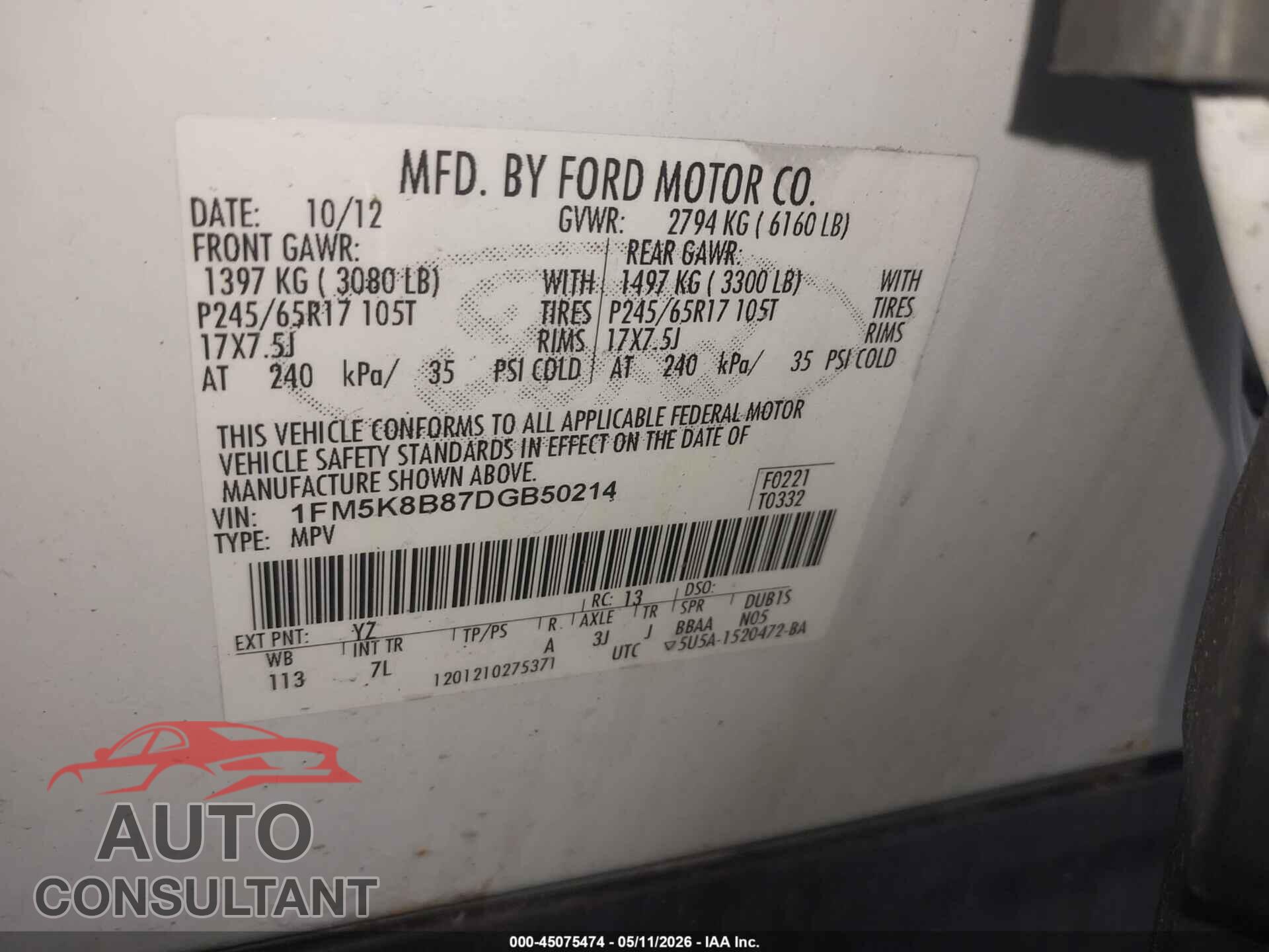FORD EXPLORER 2013 - 1FM5K8B87DGB50214