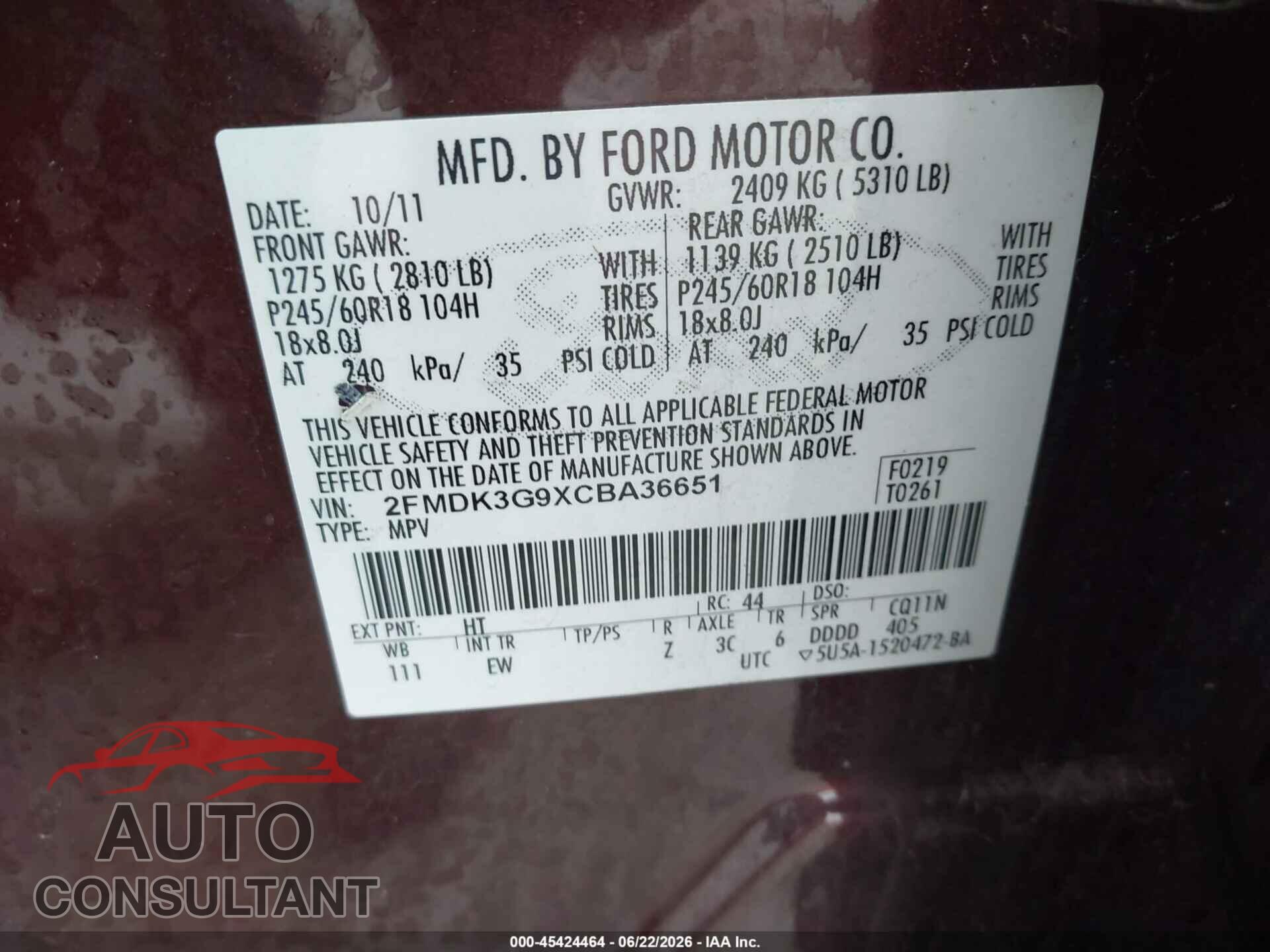 FORD EDGE 2012 - 2FMDK3G9XCBA36651