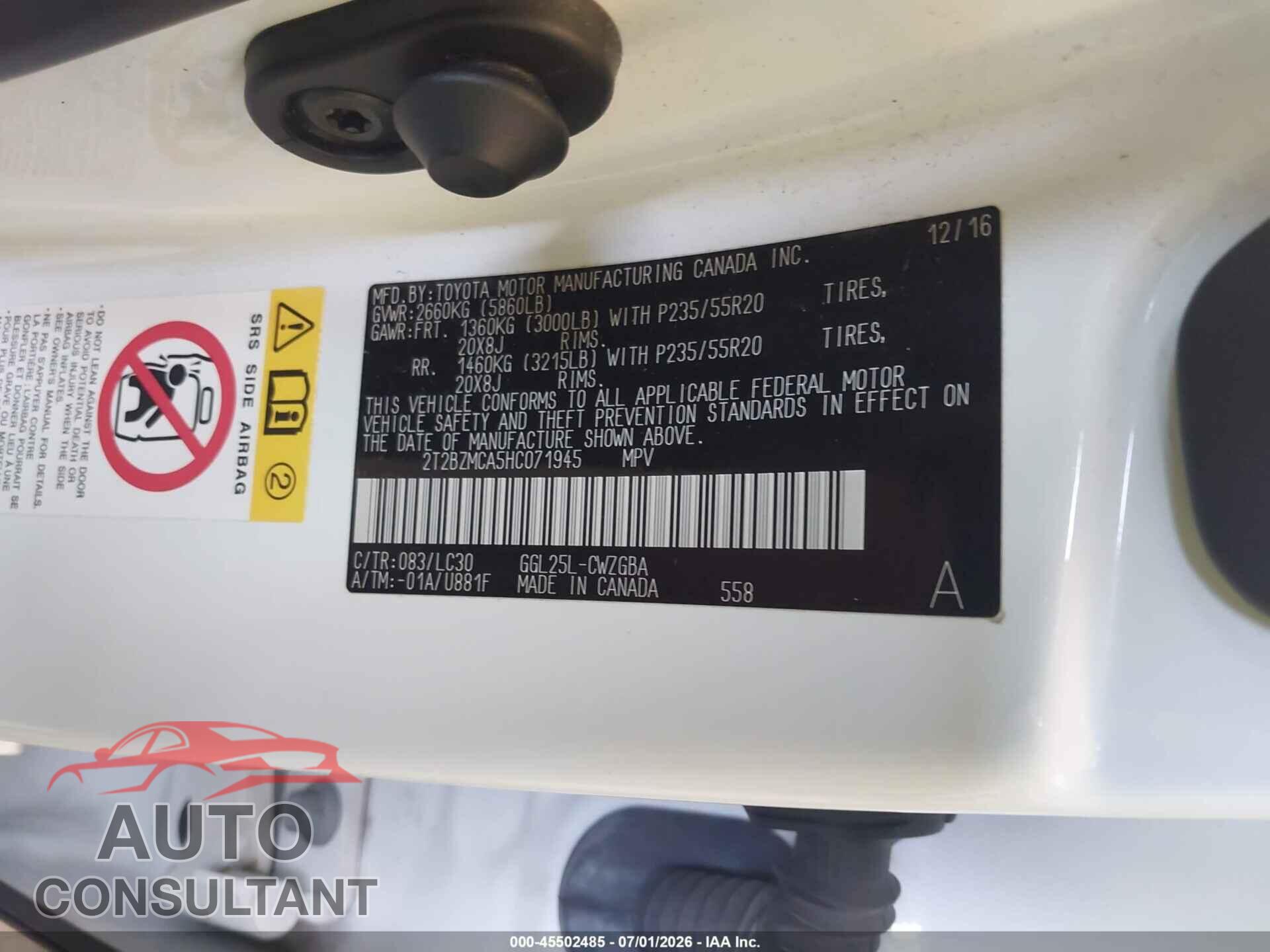LEXUS RX 350 2017 - 2T2BZMCA5HC071945