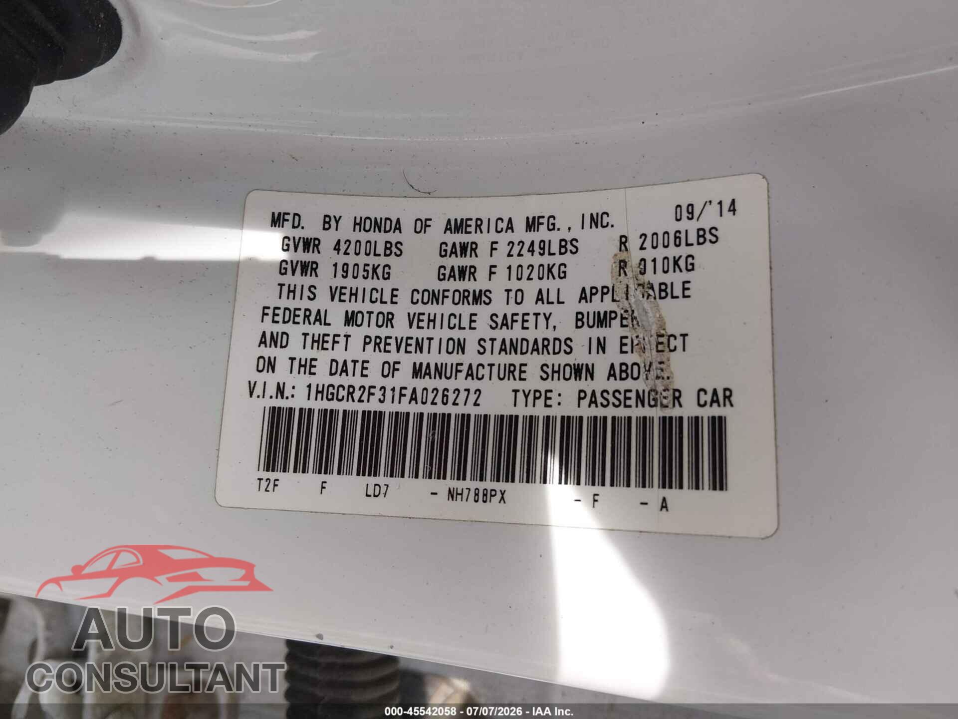 HONDA ACCORD 2015 - 1HGCR2F31FA026272