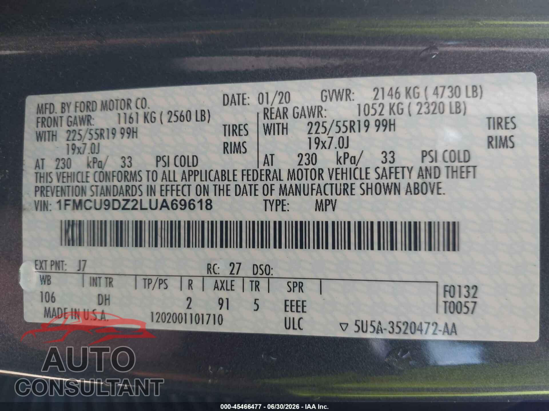 FORD ESCAPE 2020 - 1FMCU9DZ2LUA69618
