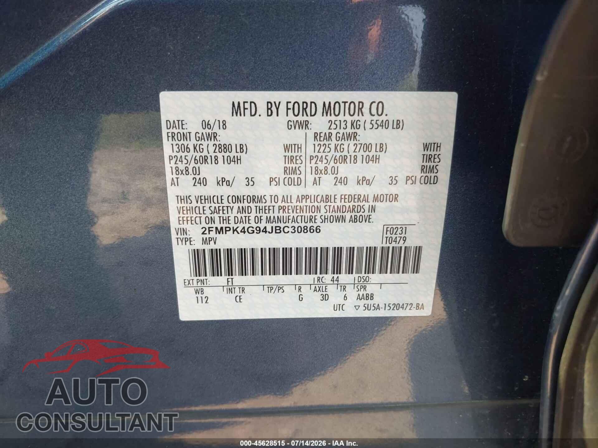 FORD EDGE 2018 - 2FMPK4G94JBC30866