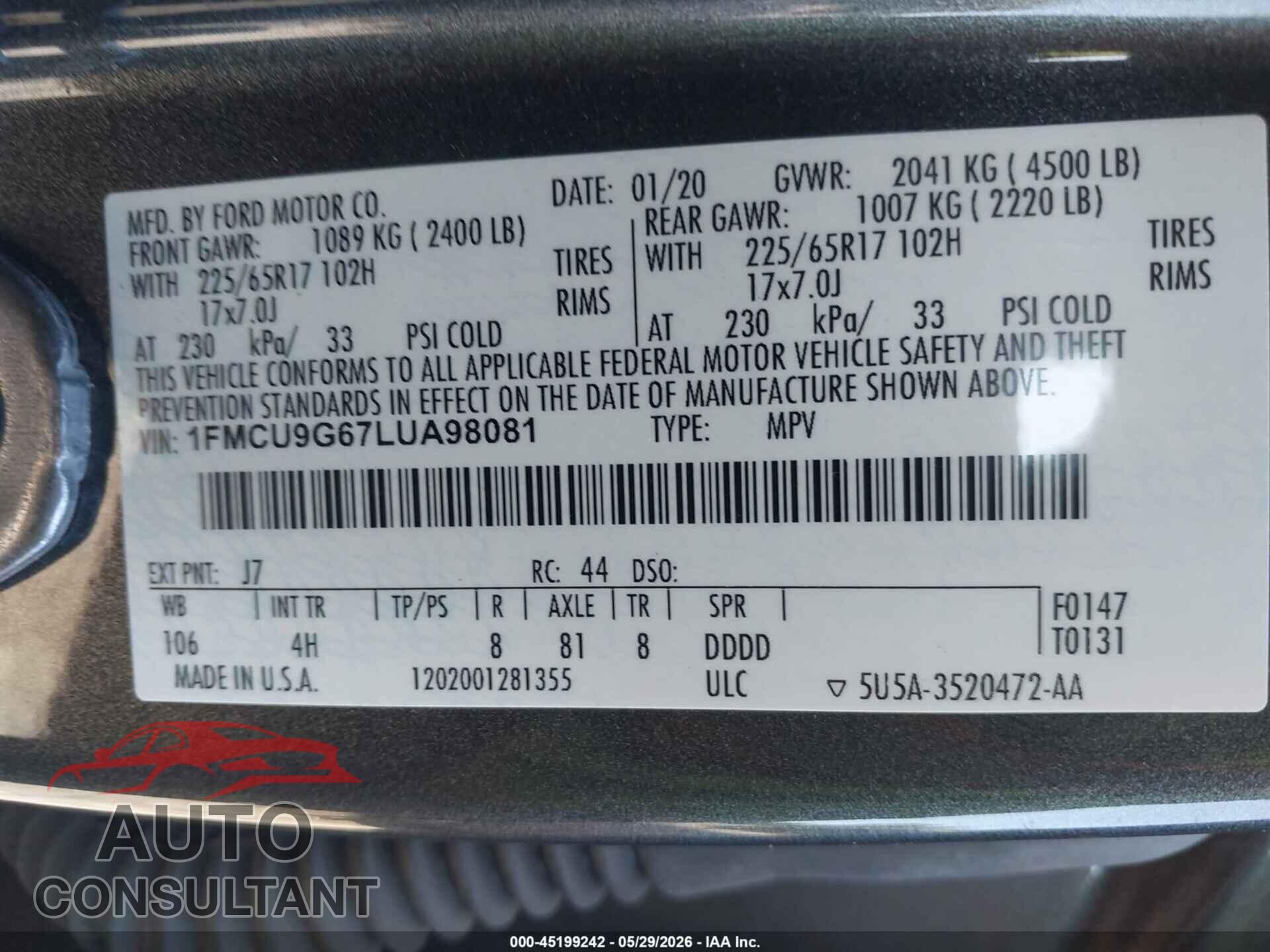 FORD ESCAPE 2020 - 1FMCU9G67LUA98081