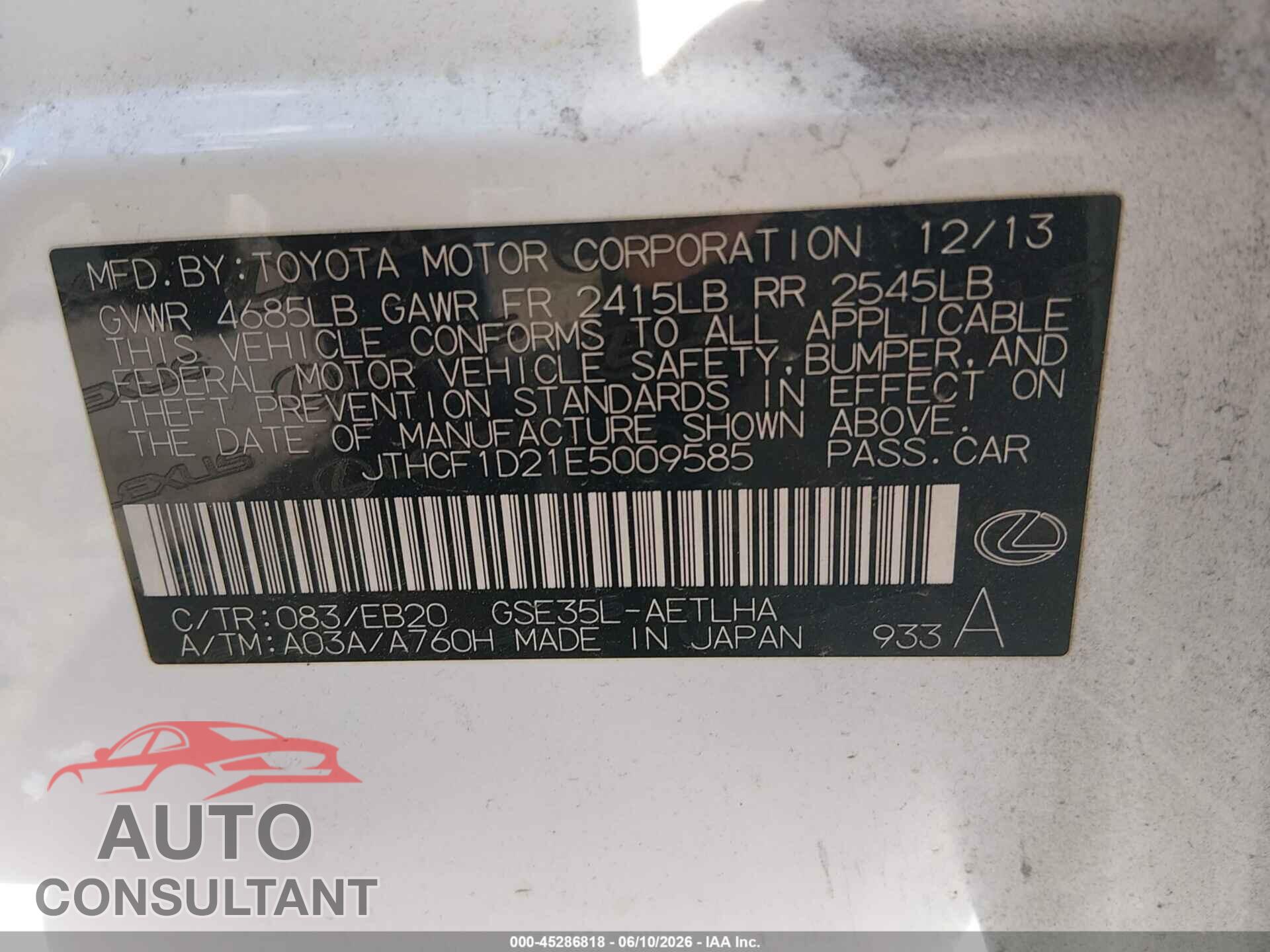 LEXUS IS 250 2014 - JTHCF1D21E5009585
