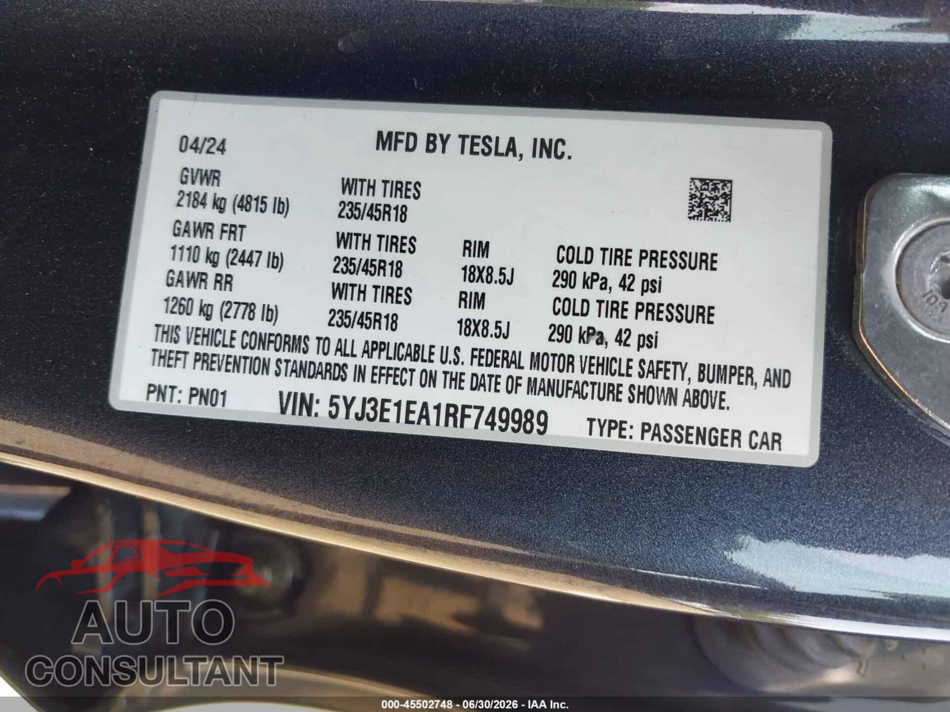 TESLA MODEL 3 2024 - 5YJ3E1EA1RF749989