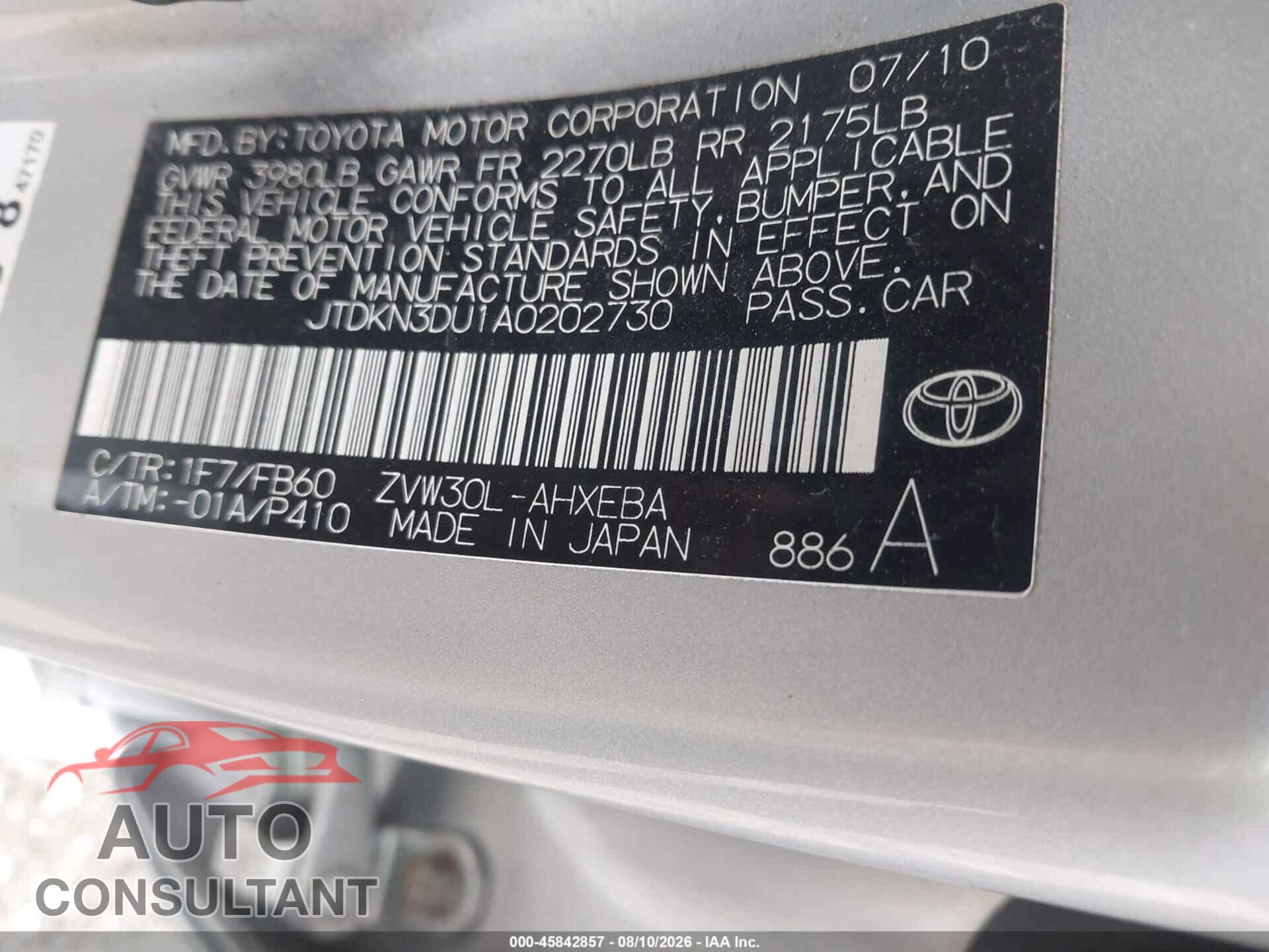 TOYOTA PRIUS 2010 - JTDKN3DU1A0202730