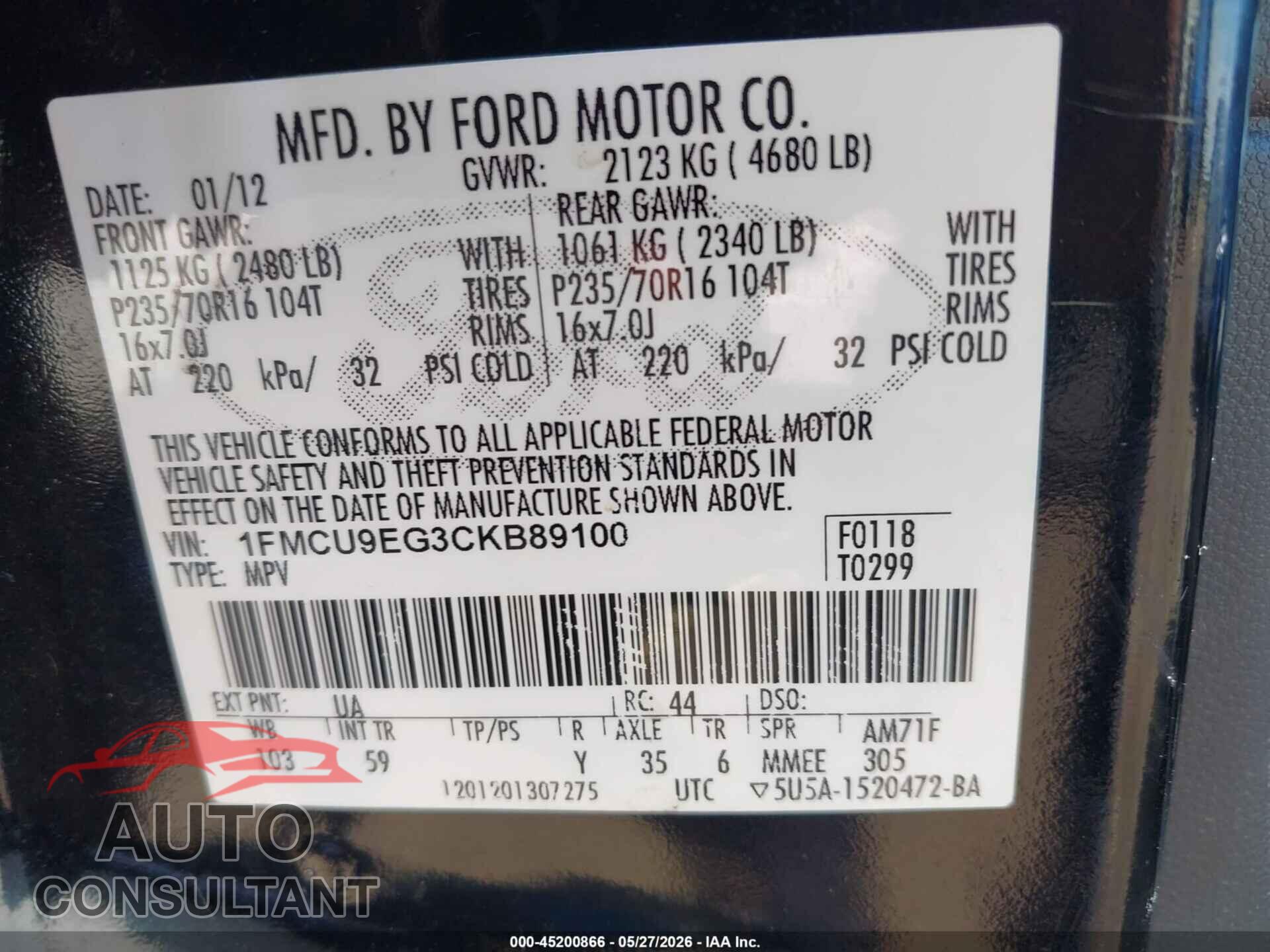 FORD ESCAPE 2012 - 1FMCU9EG3CKB89100