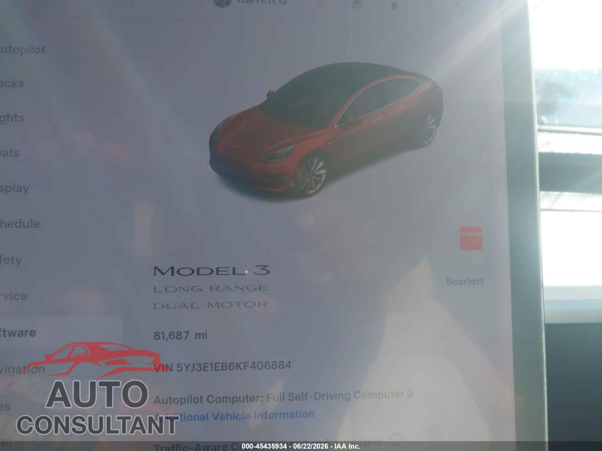 TESLA MODEL 3 2019 - 5YJ3E1EB6KF406884