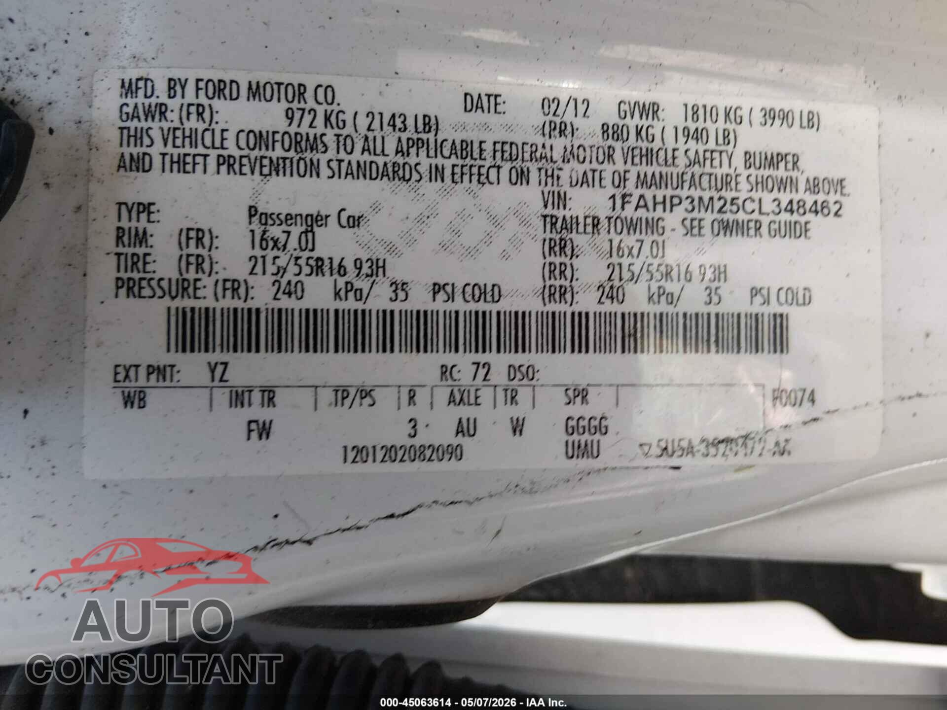 FORD FOCUS 2012 - 1FAHP3M25CL348462